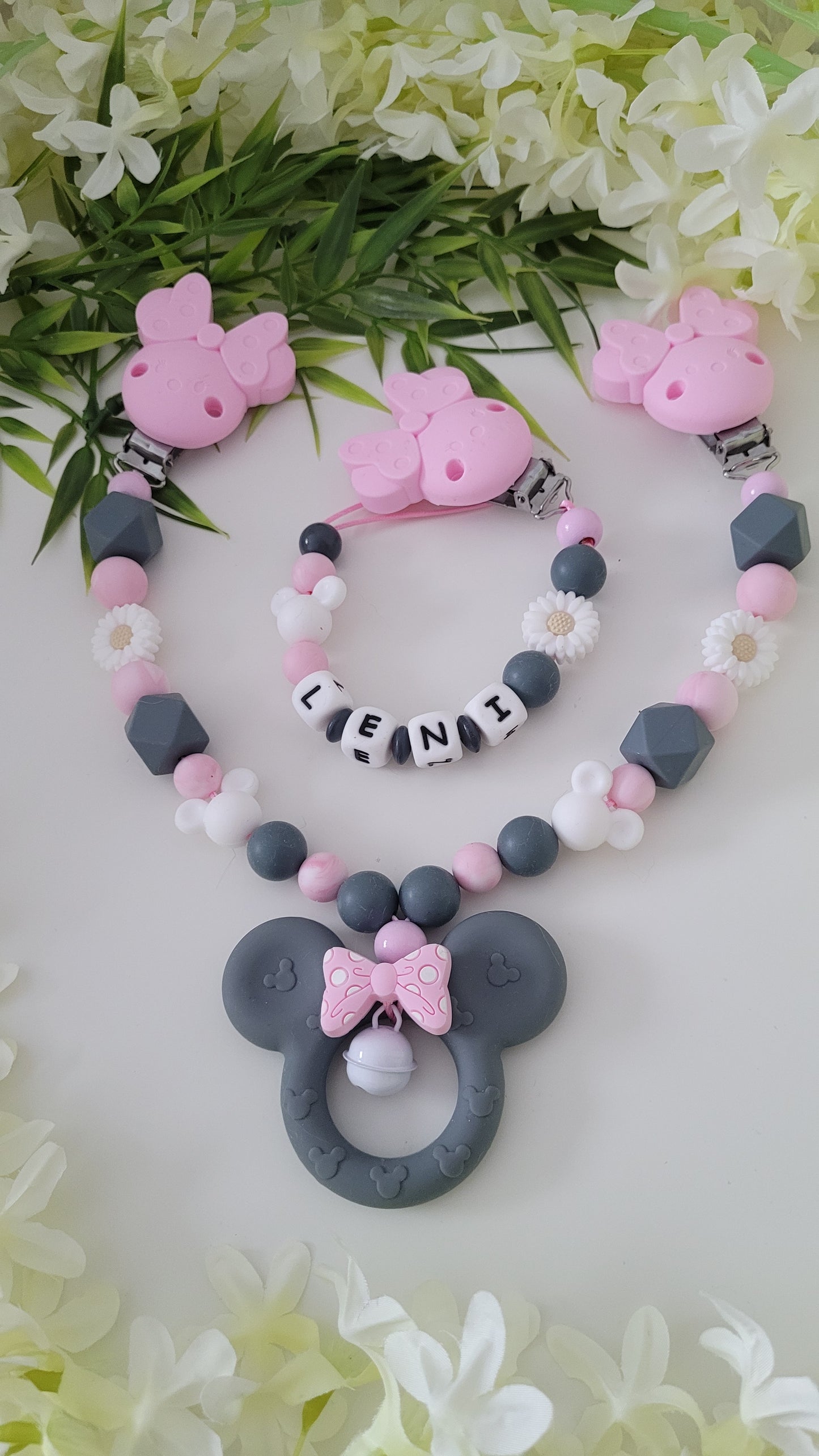 Kinderwagenkette & Schnullerkette *Minnie* grau rosa