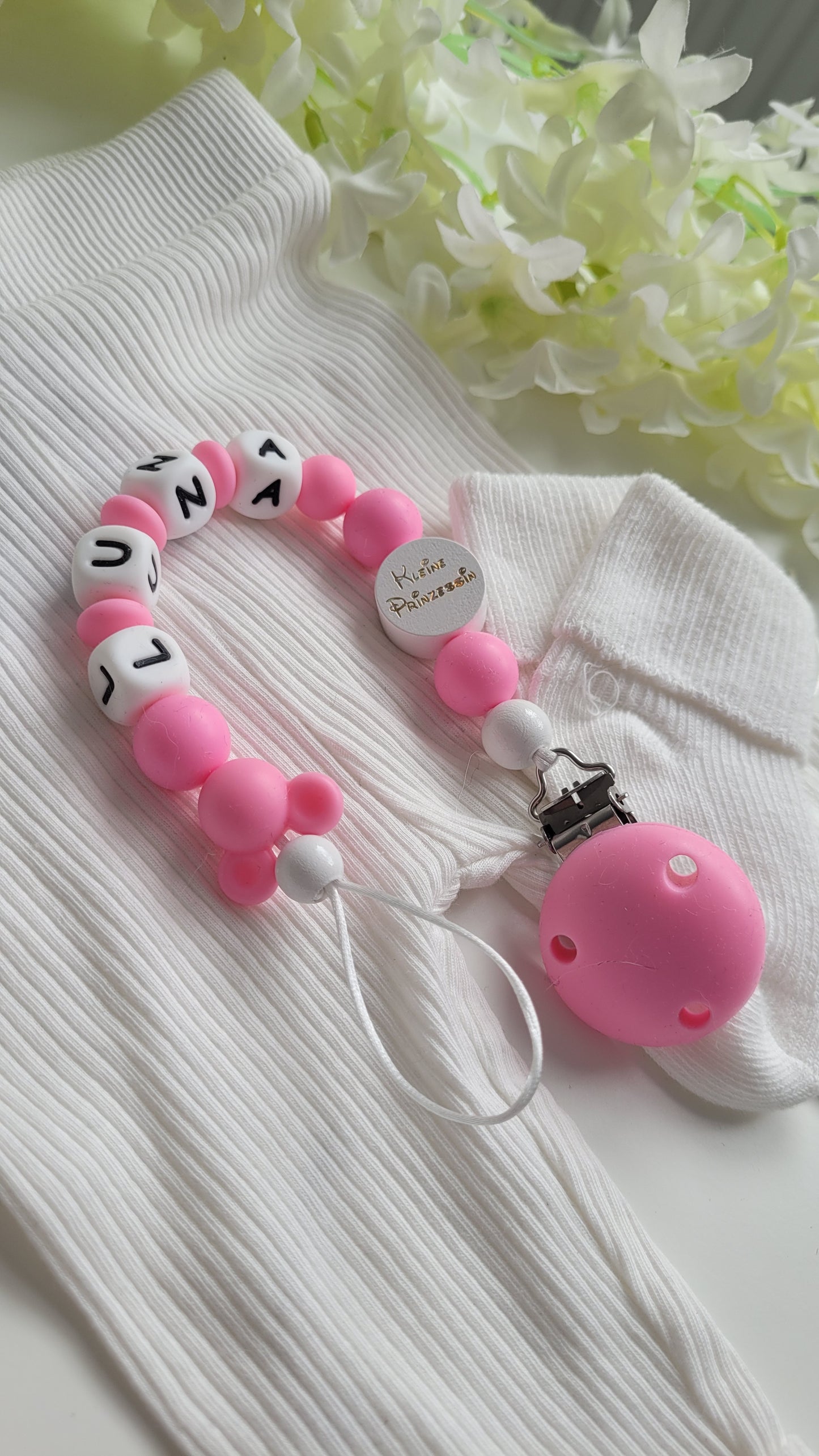 Schnullerkette mit Namen für Mädchen Pink Maus kleine Prinzessin