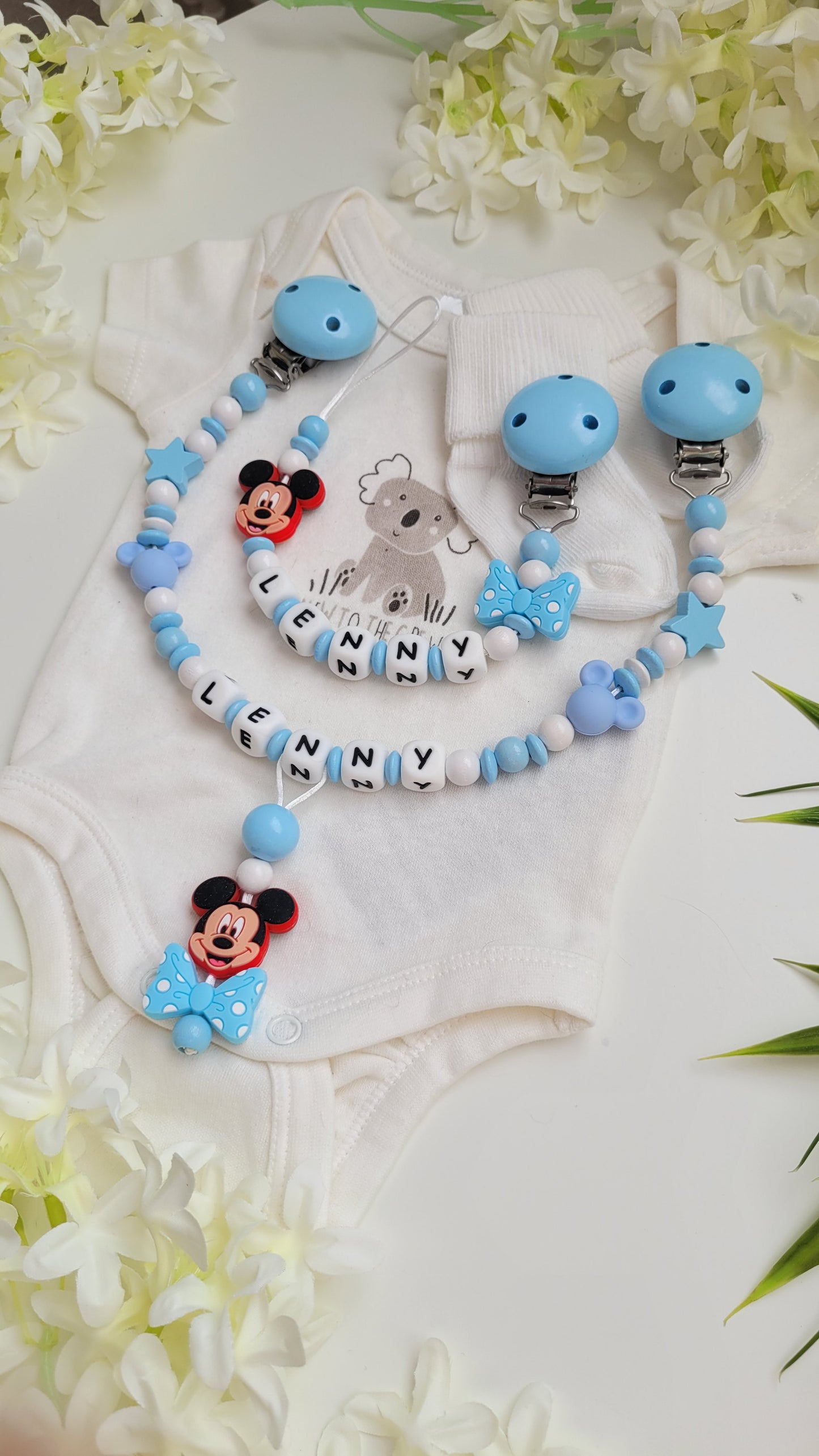 Kinderwagenkette & Schnullerkette mit Namen *Maus* blau
