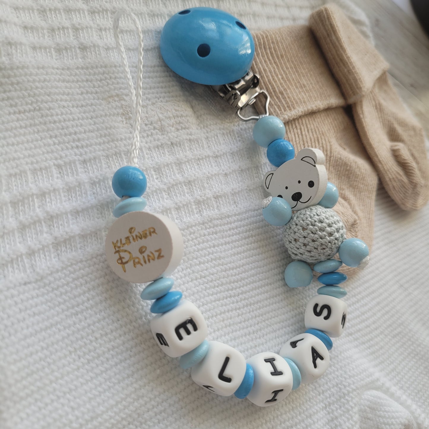 Schnullerkette mit Namen für Jungen Teddy & kleiner Prinz blau hellblau