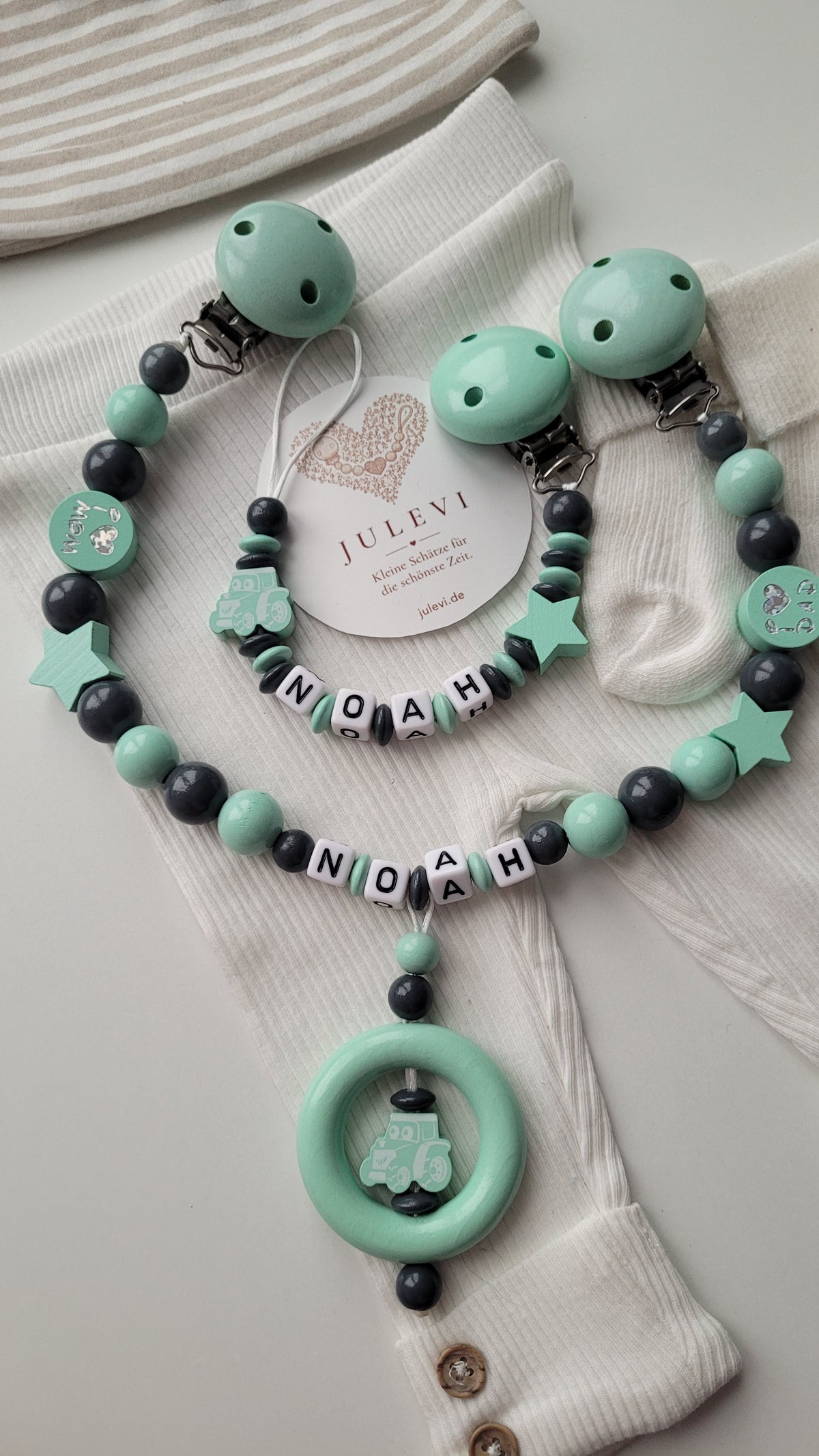 Kinderwagenkette & Schnullerkette Set mit Namen Traktor mint grau| personalisiert