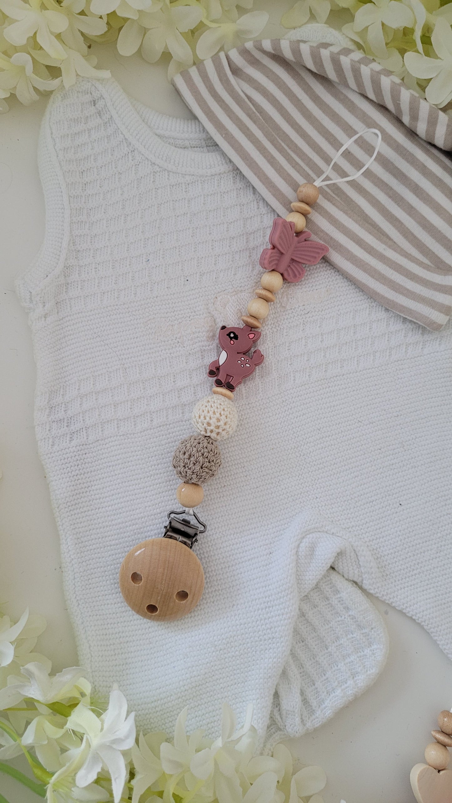 Schnullerkette *Butterfly Reh* holz taupe rose