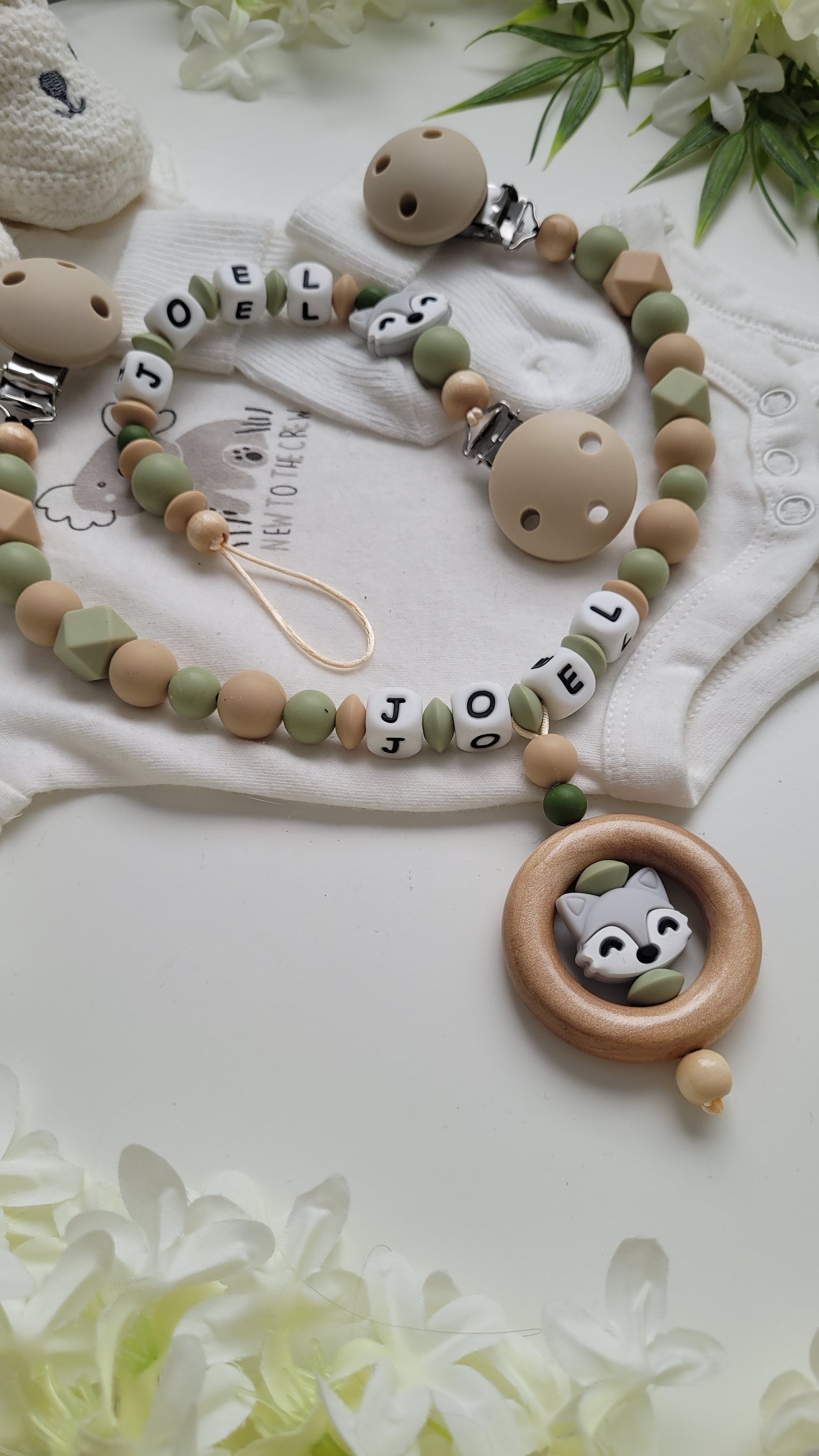 Kinderwagenkette & Schnullerkette Set softgreen Fuchs