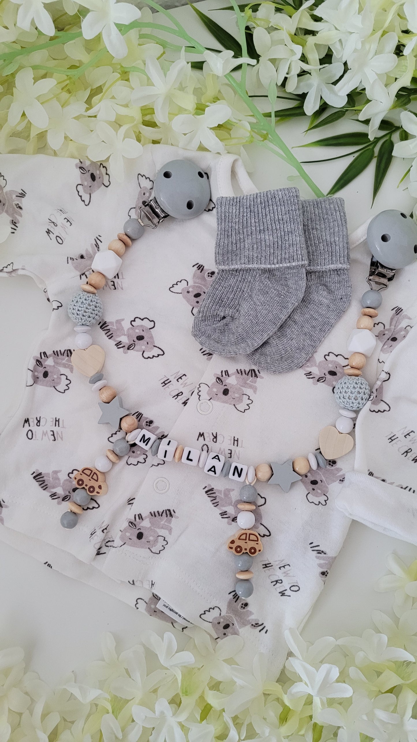 Kinderwagenkette & Schnullerkette * Auto* grau weiß holz