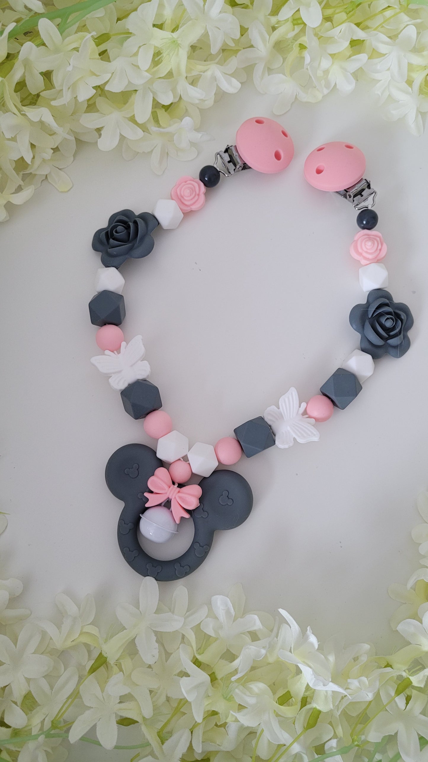 Kinderwagenkette & Schnullerkette Maus peach grau