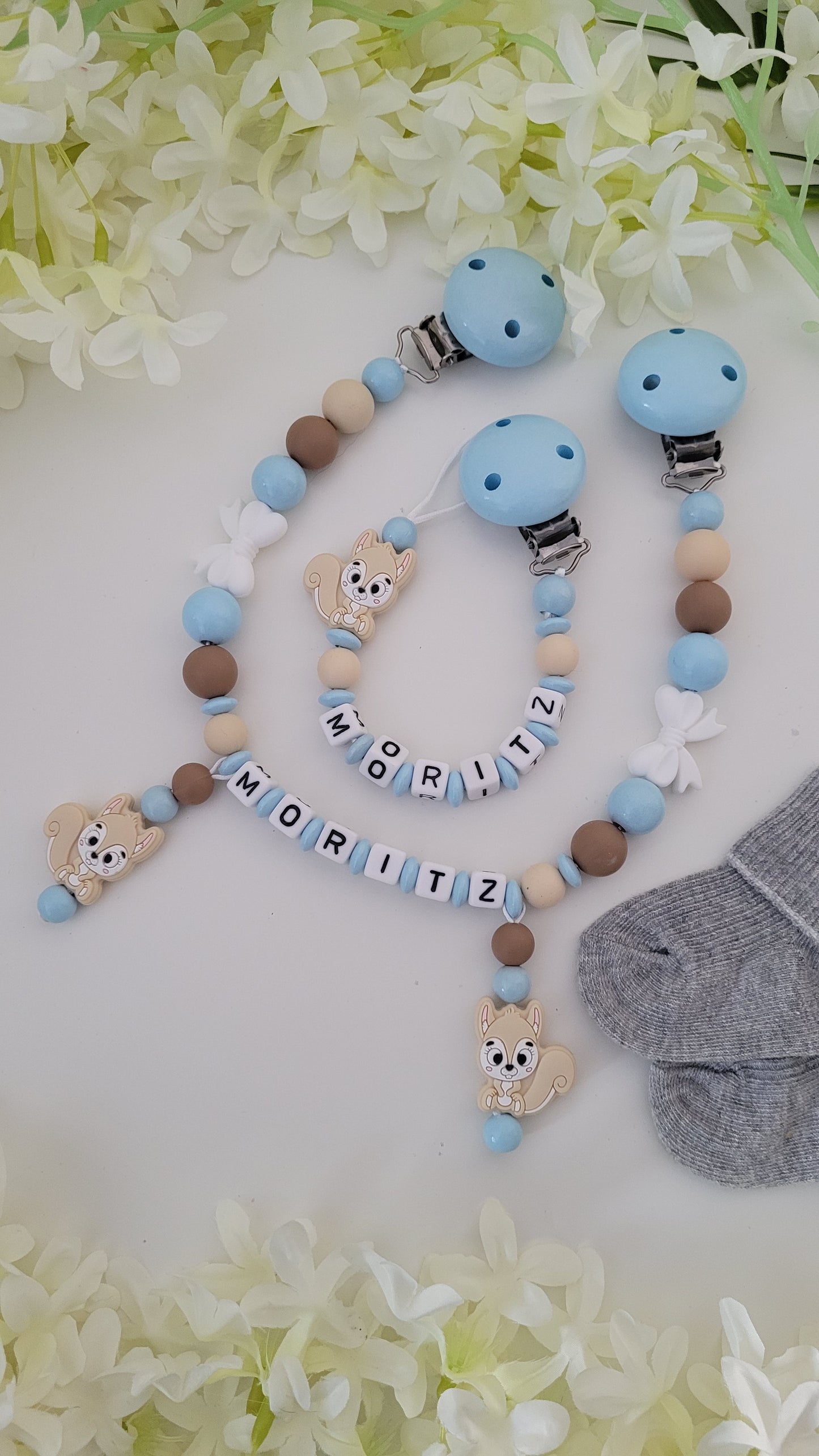 Kinderwagenkette & Schnullerkette *Eichhörnchen* blau beige