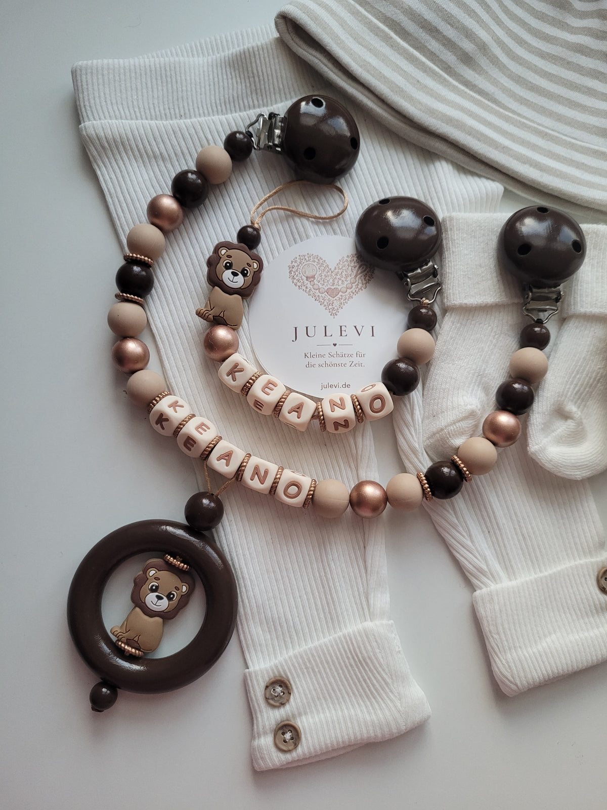Kinderwagenkette & Schnullerkette Set mit Namen Löwe gold braun | personalisiert