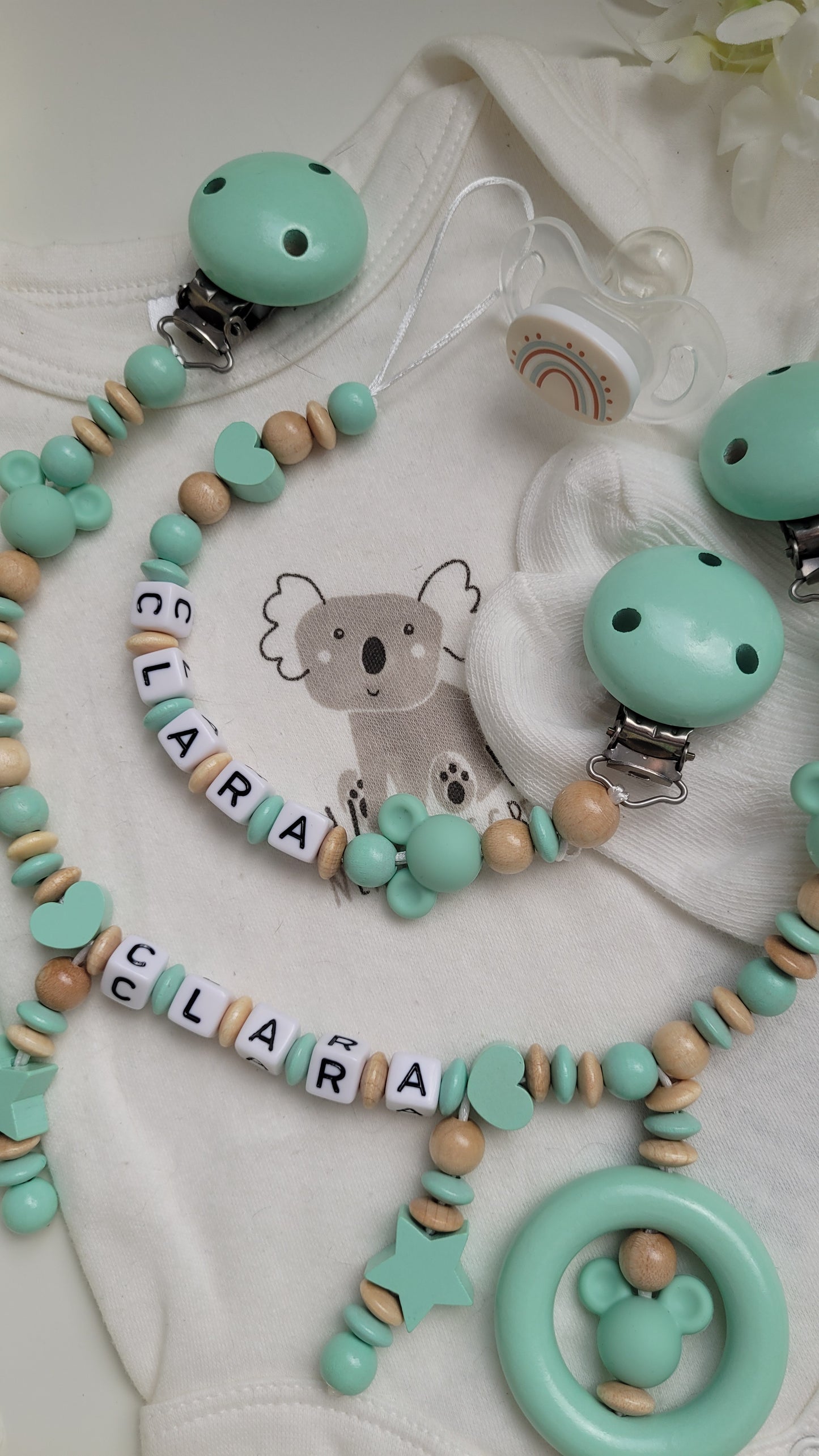 Kinderwagenkette & Schnullerkette Set Maus mint holz