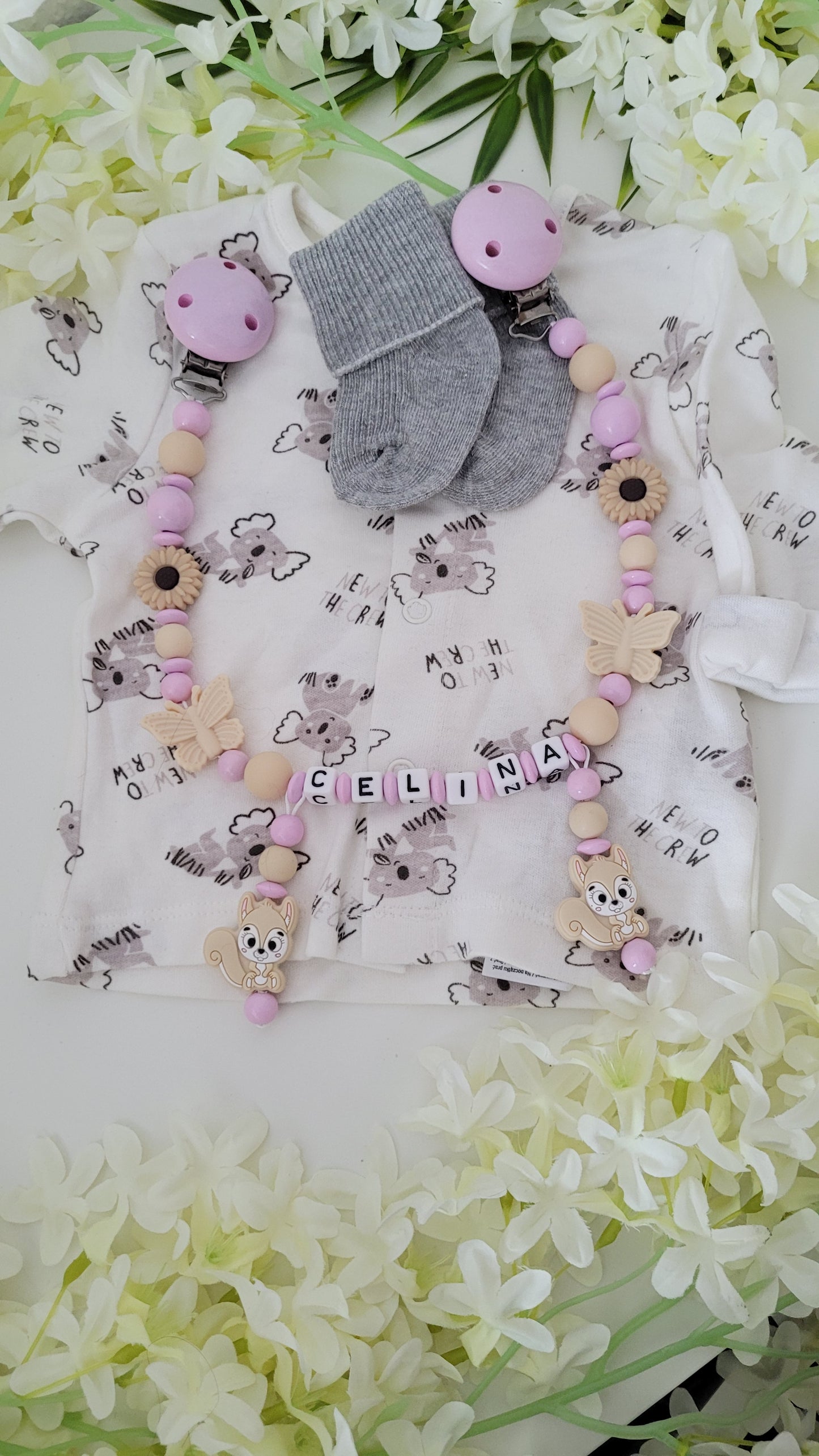 Kinderwagenkette & Schnullerkette *Eichhörnchen* rosa beige