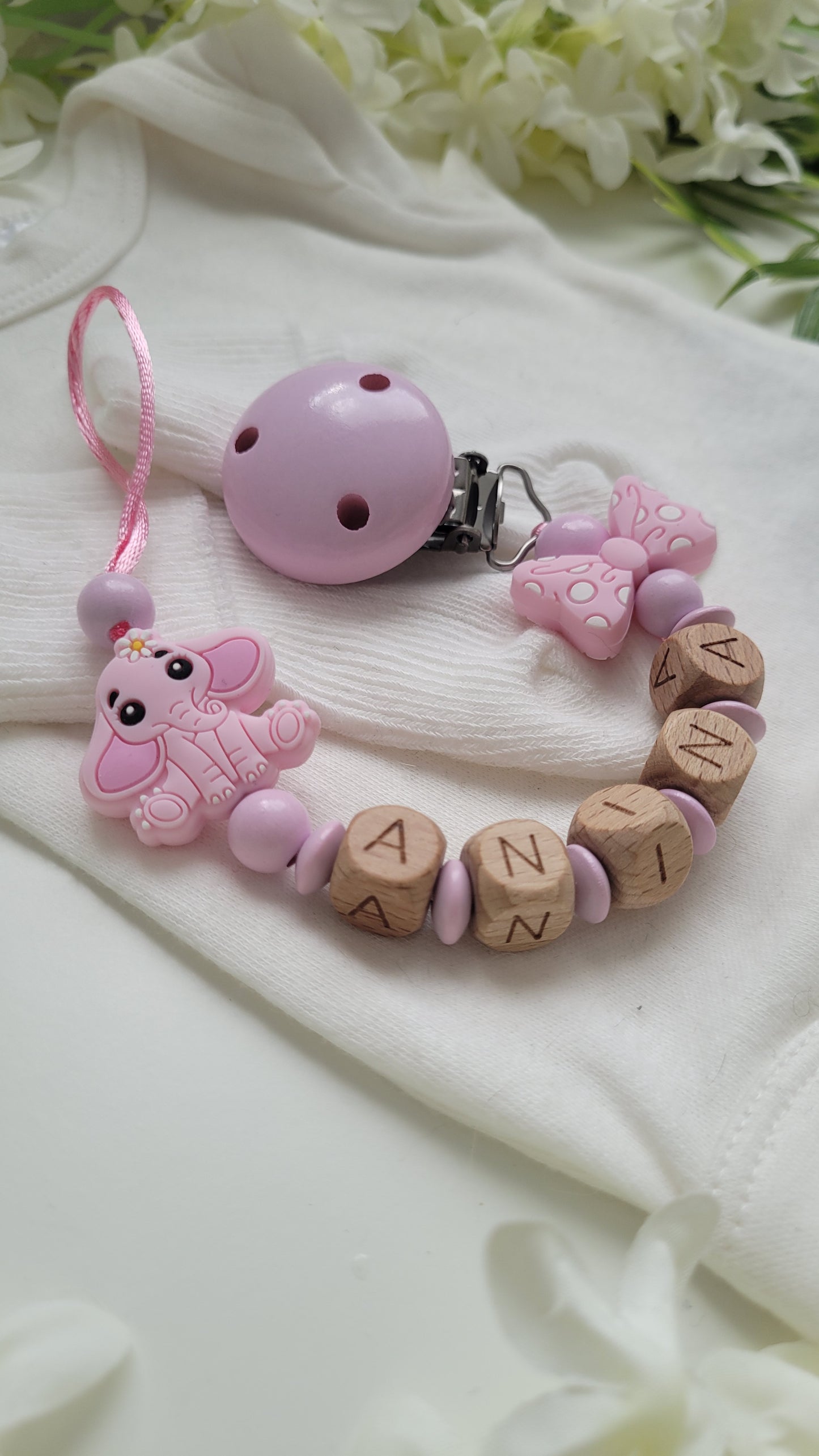 Schnullerkette mit Namen Mädchen rosa holz Elefant