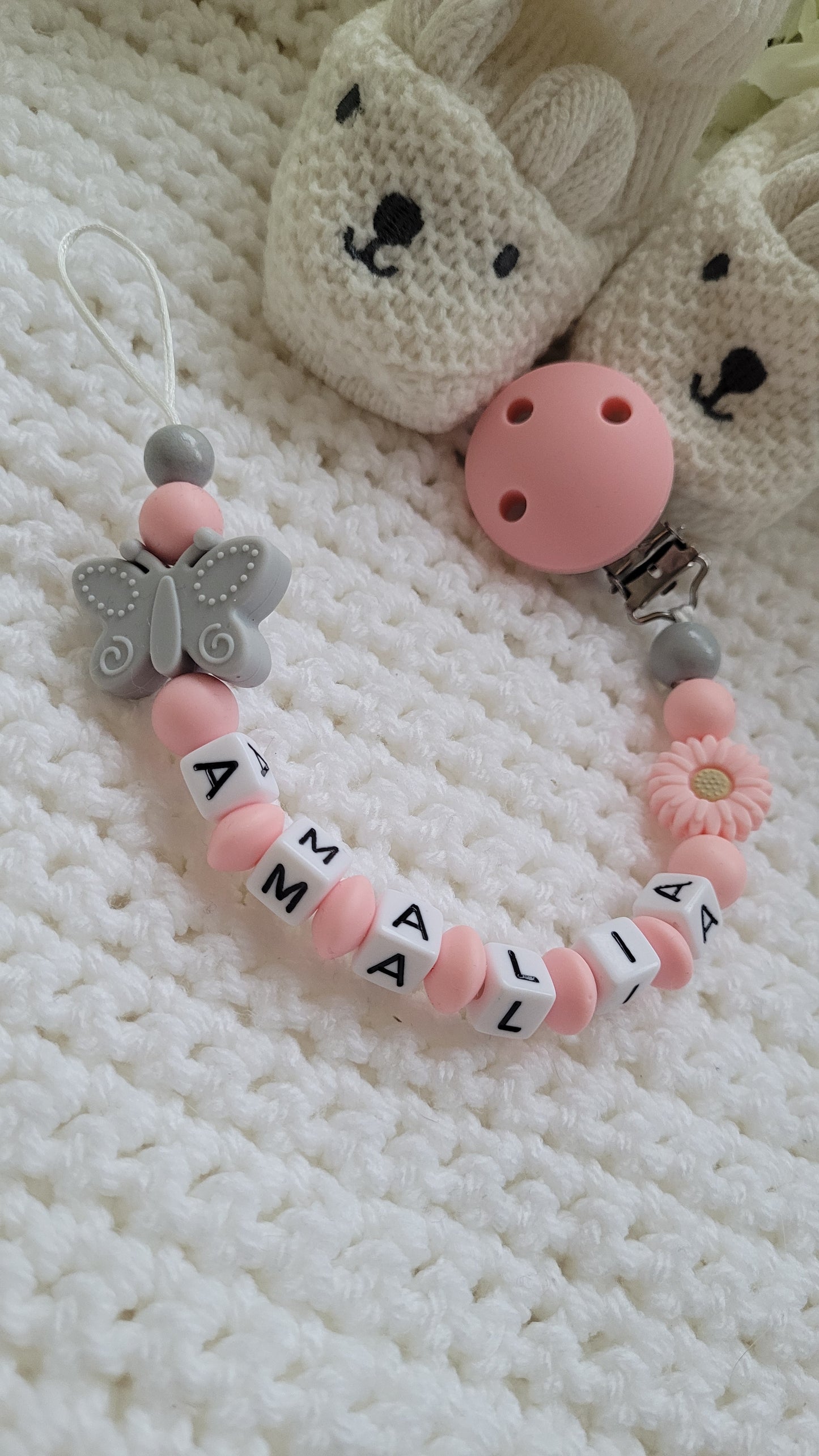 Silikon Schnullerkette Schmetterling grau peach