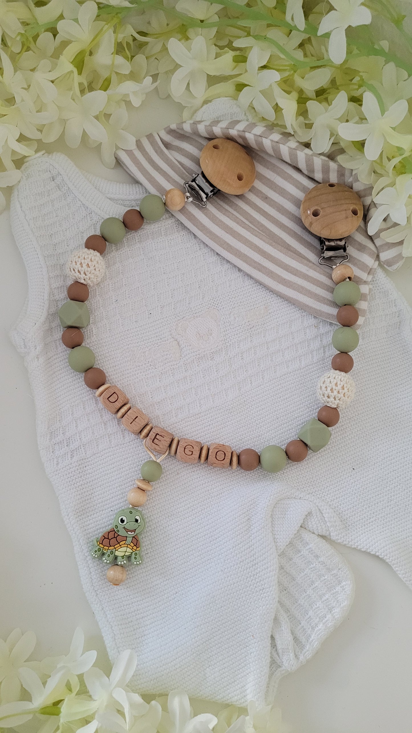 Kinderwagenkette & Schnullerkette mit Namen Schildkröte braun grün