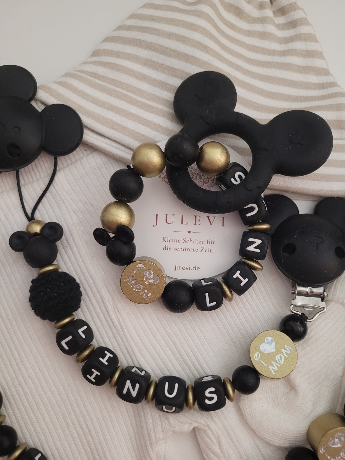3er Set Schnullerkette, Kinderwagenkette & Beißring mit Namen Maus schwarz gold