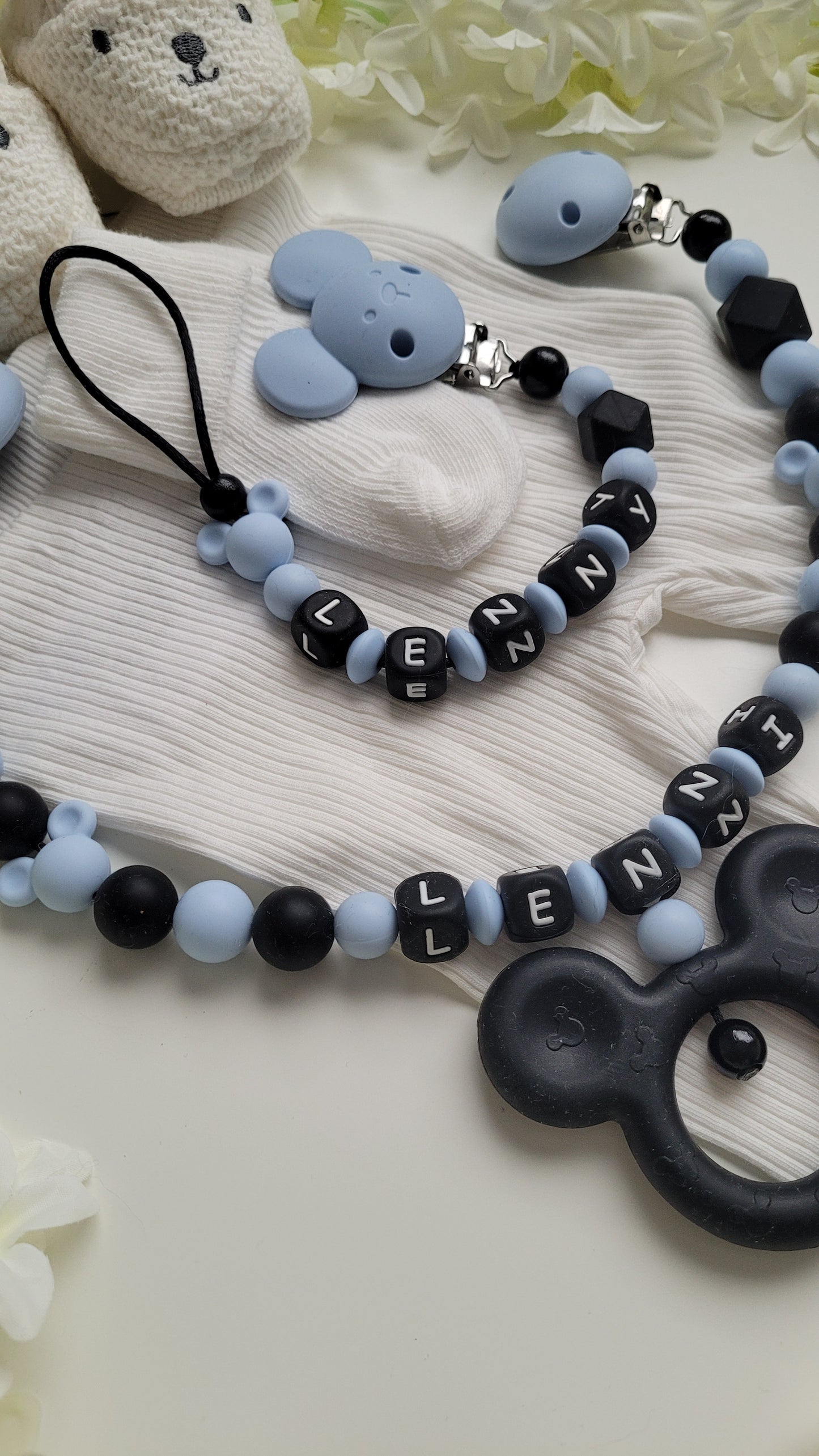 3tlg Set Schnullerkette Kinderwagenkette Greifling Maus blau schwarz