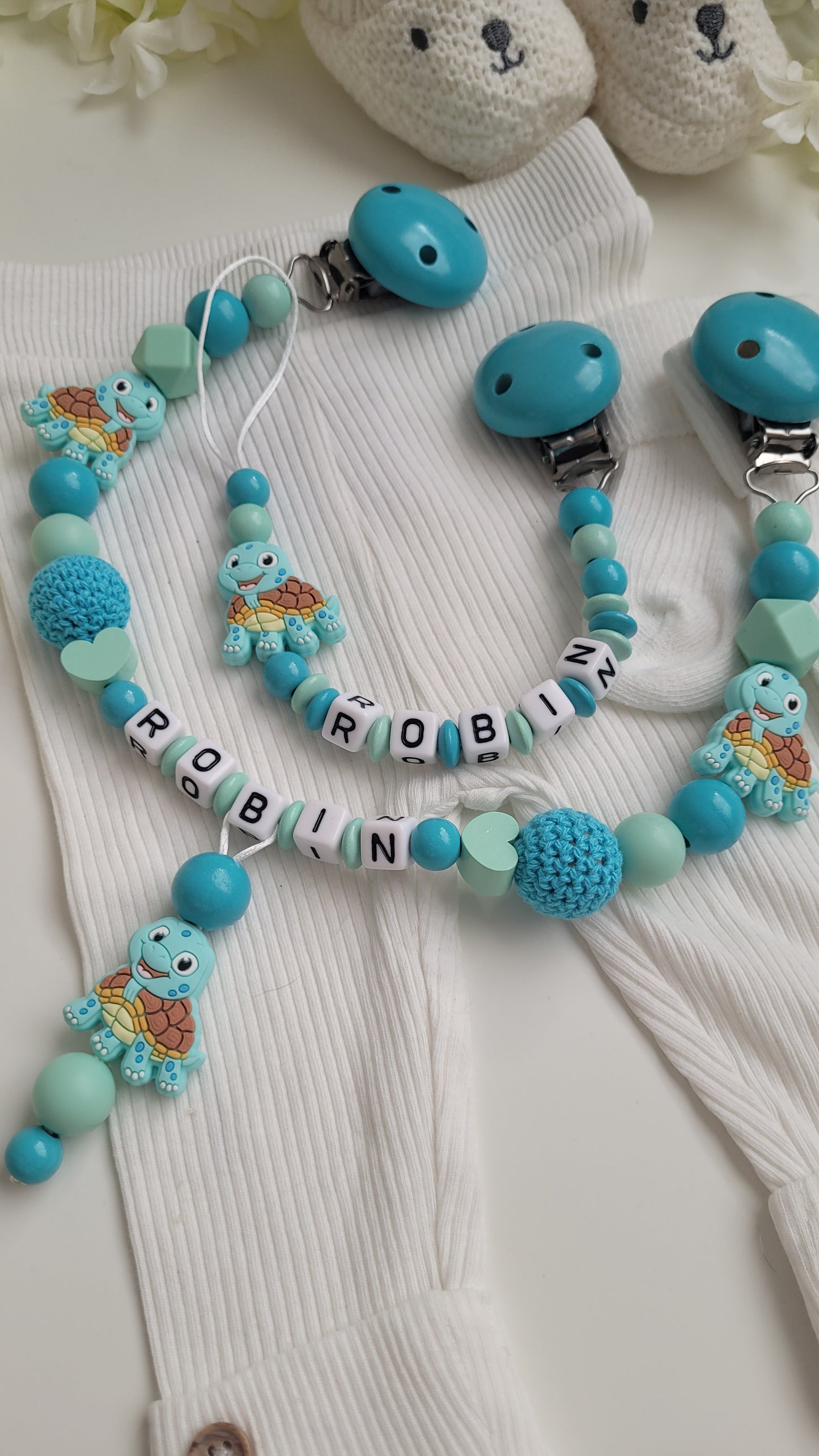 Kinderwagenkette & Schnullerkette mit Namen Schildkröte mint türkis