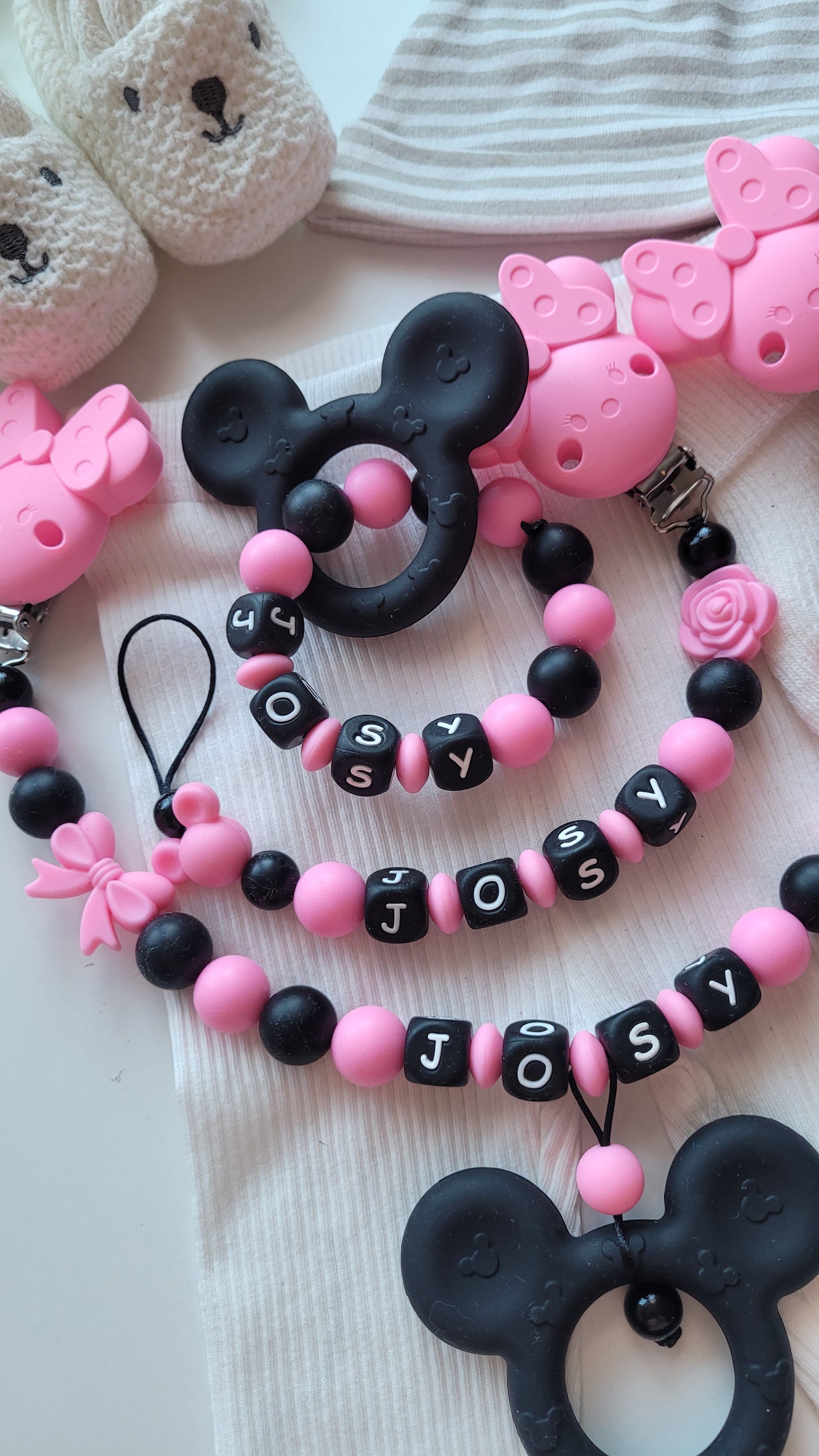 3er Set Kinderwagenkette & Schnullerkette mit Namen + Greifring für Mädchen Maus