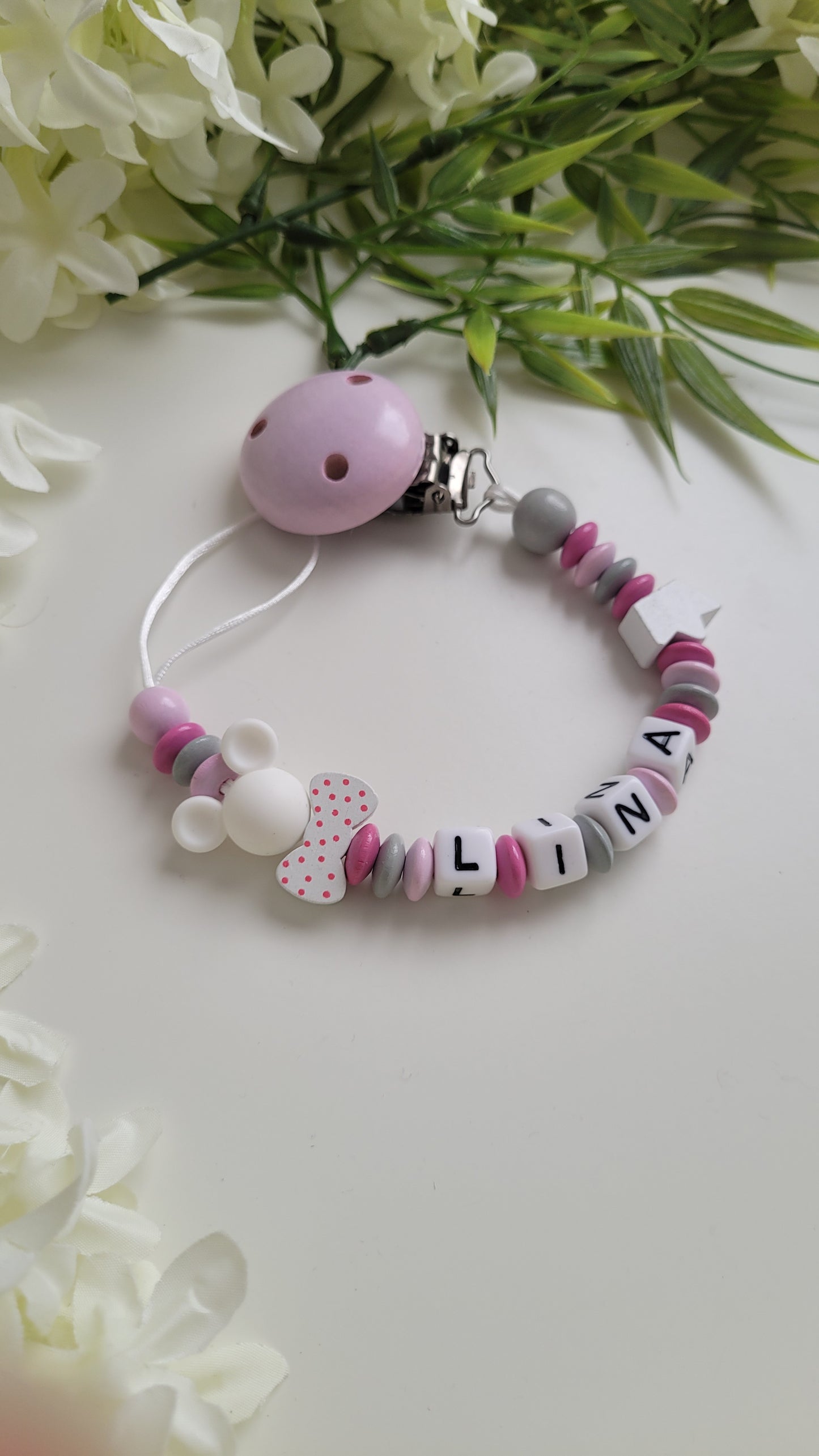 Kinderwagenkette & Schnullerkette Pink Minnie mit Namen für Mädchen