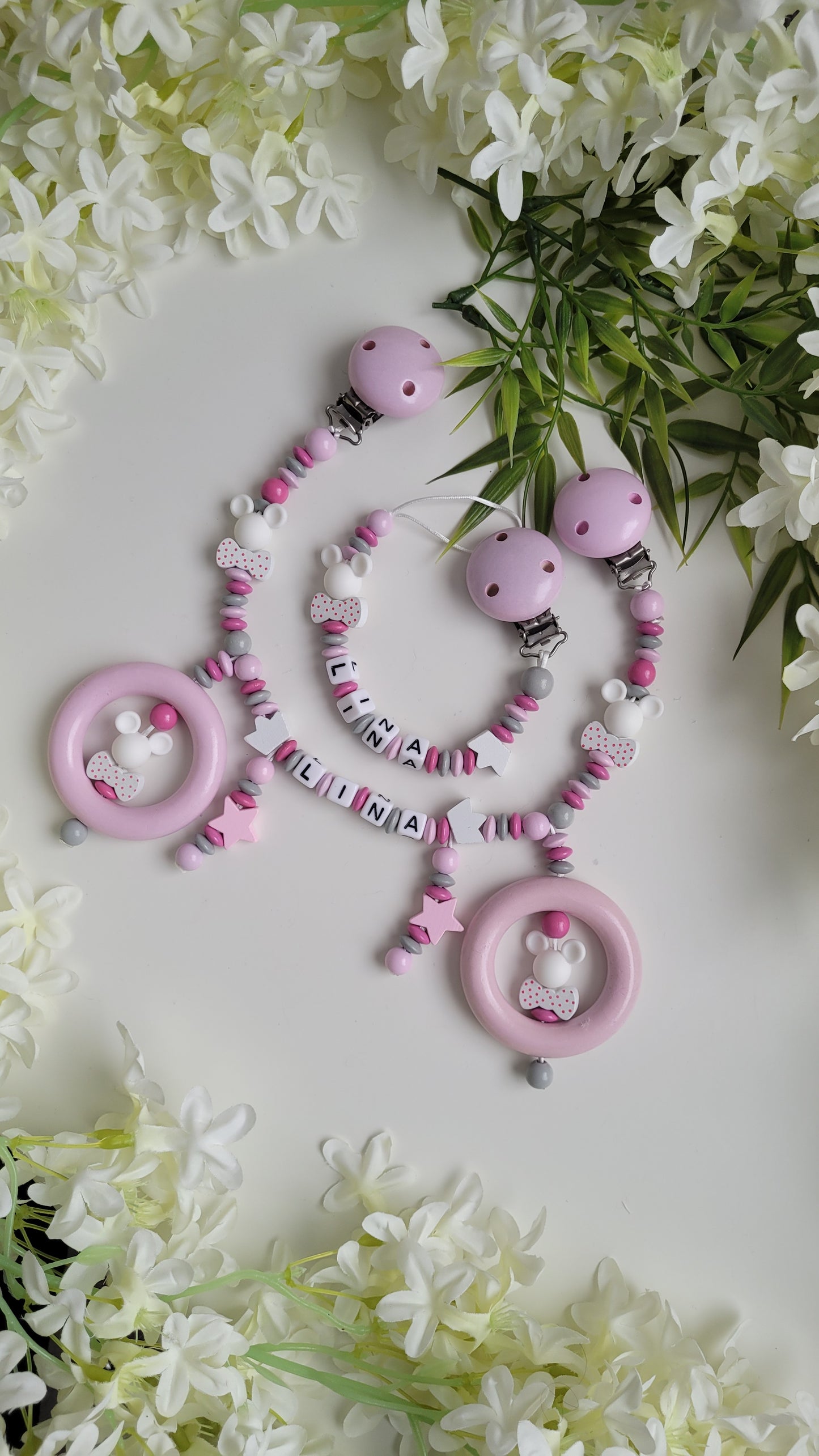Kinderwagenkette & Schnullerkette Pink Minnie mit Namen für Mädchen