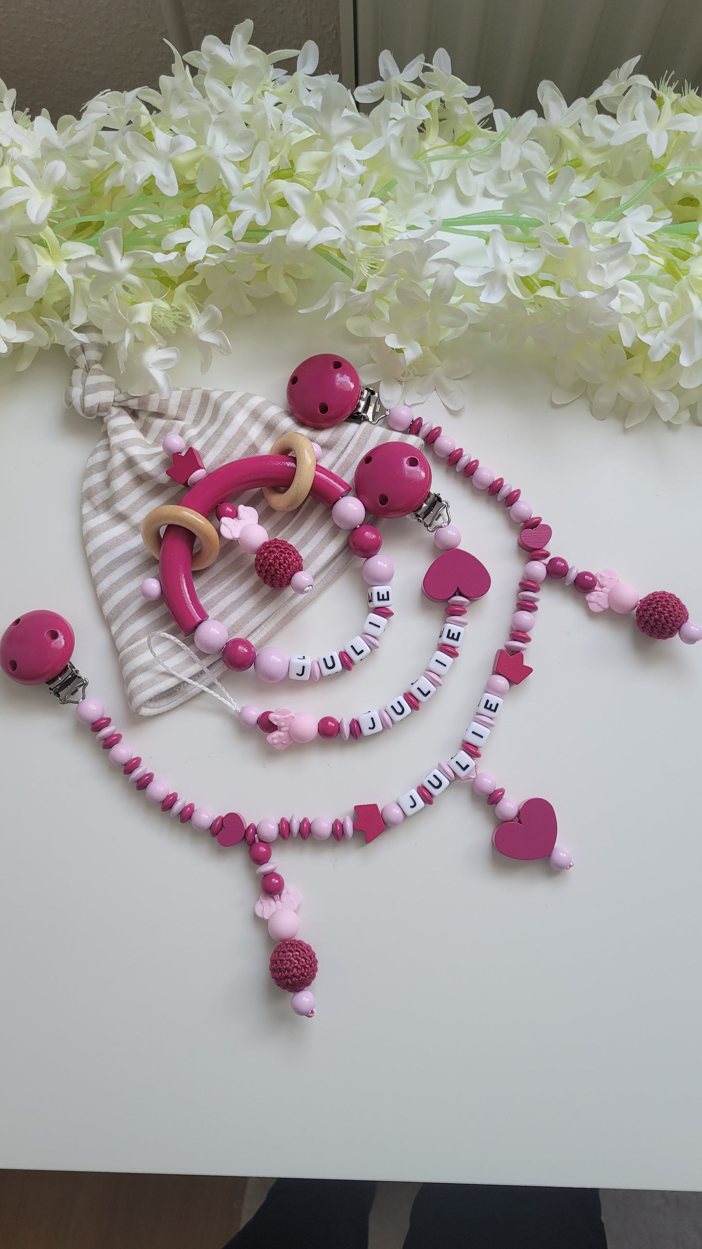 Komplett Set 3tlg Schnullerkette Kinderwagenkette Greifring mit Namen Minnie Maus pink rosa