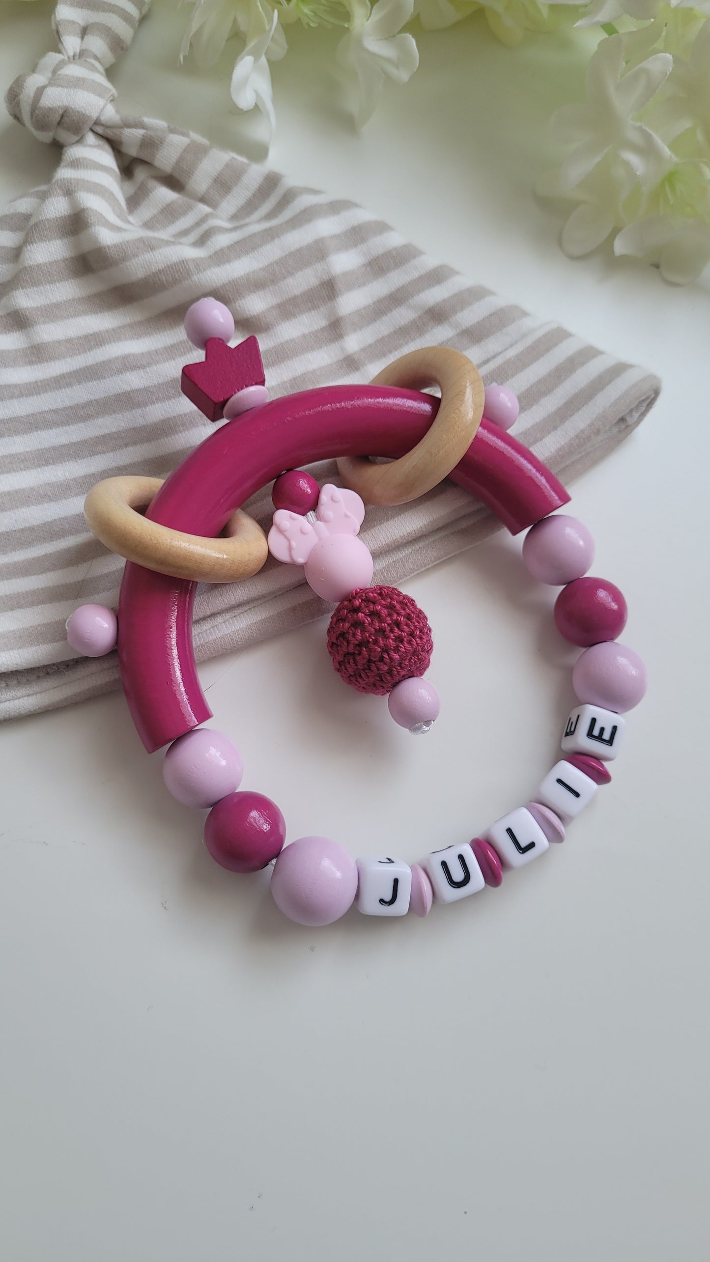 Komplett Set 3tlg Schnullerkette Kinderwagenkette Greifring mit Namen Minnie Maus pink rosa