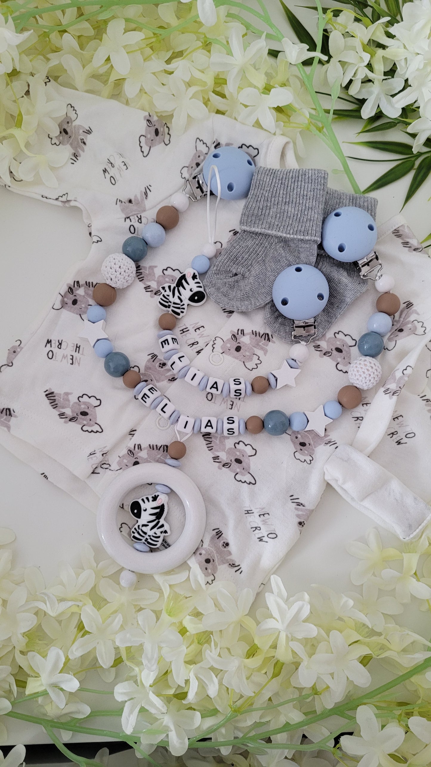 Kinderwagenkette & Schnullerkette * Zebra* blau grau