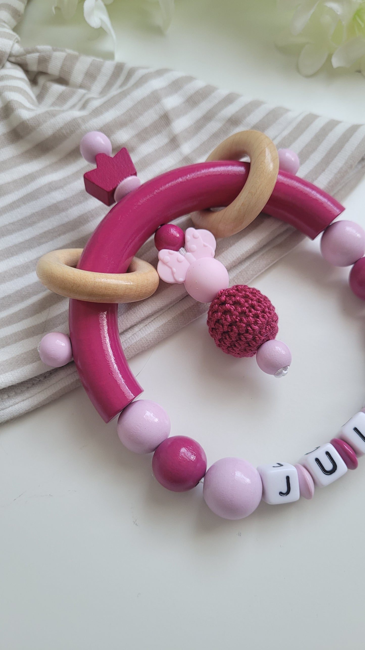 Komplett Set 3tlg Schnullerkette Kinderwagenkette Greifring mit Namen Minnie Maus pink rosa