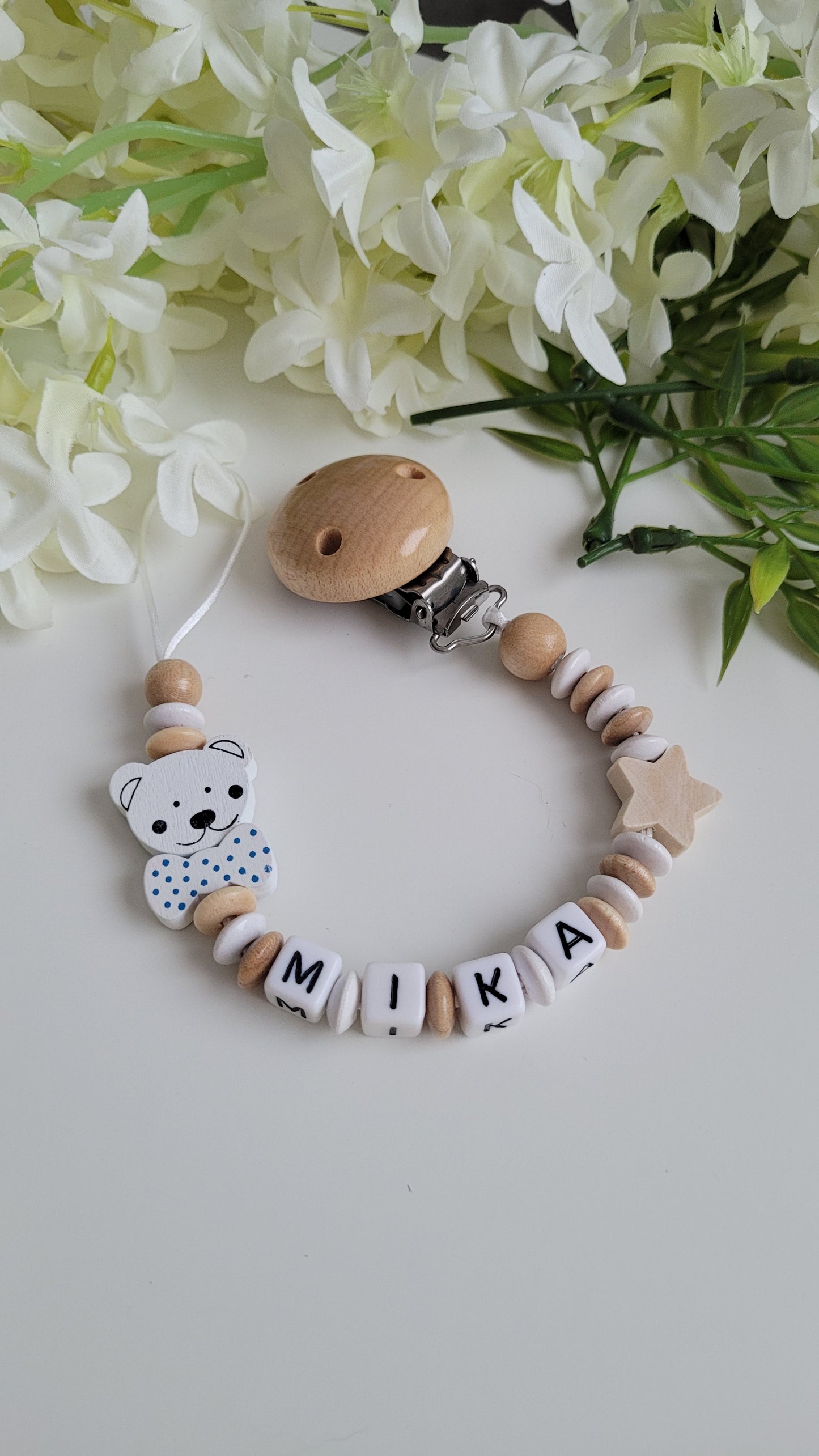 Schnullerkette Teddybear holz weiss