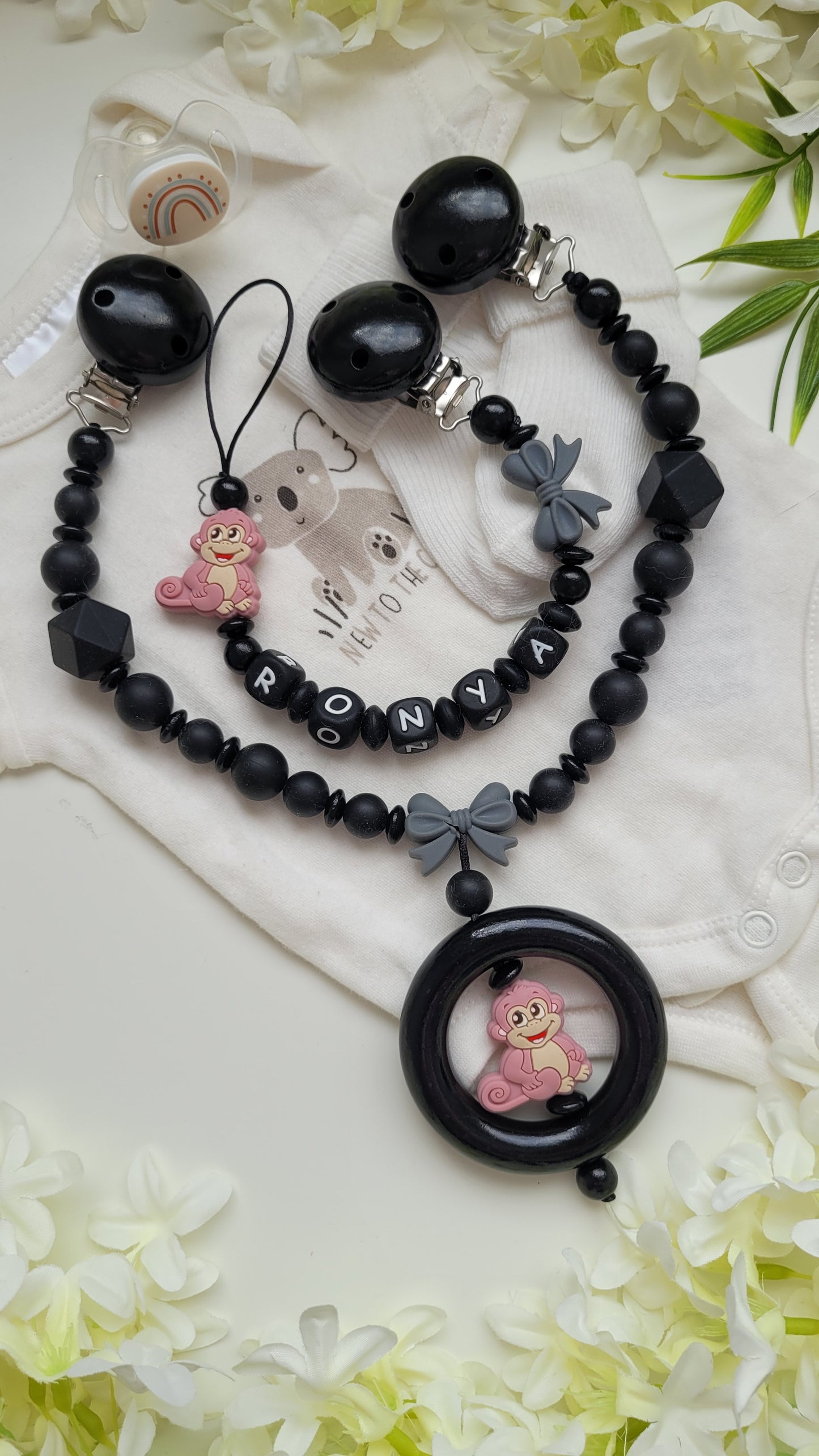 Kinderwagenkette & Schnullerkette *Äffchen* Black