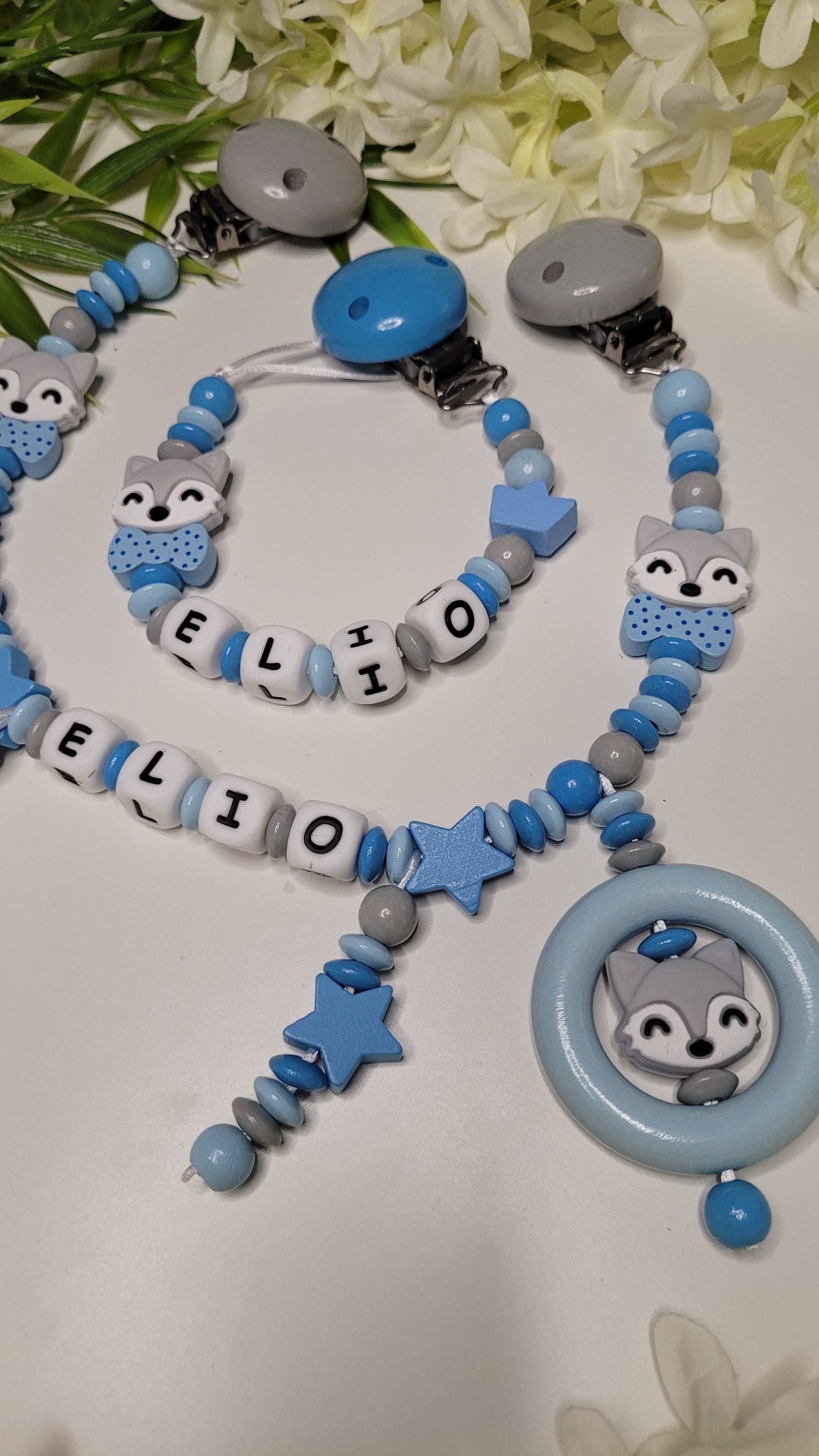 Kinderwagenkette & Schnullerkette Fuchs personalisiert blau grau