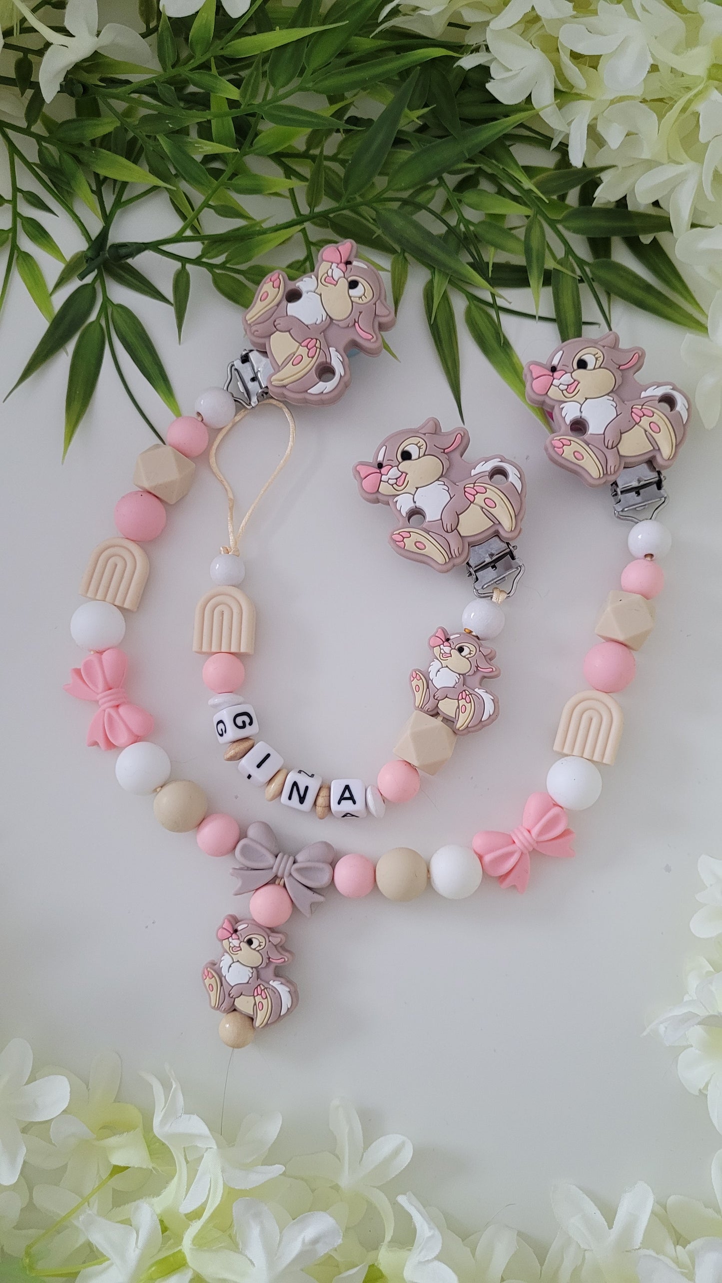 Kinderwagenkette & Schnullerkette *Häschen* peach beige weiss