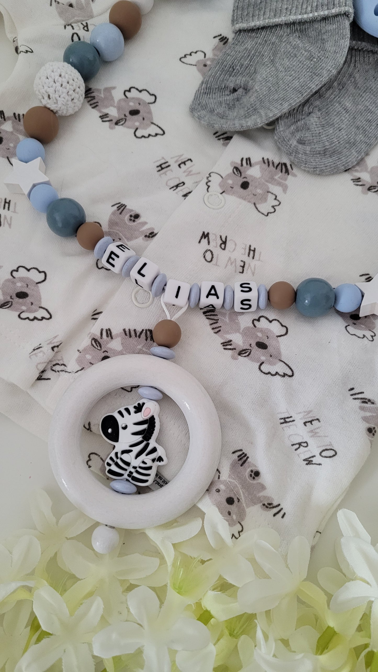 Kinderwagenkette & Schnullerkette * Zebra* blau grau
