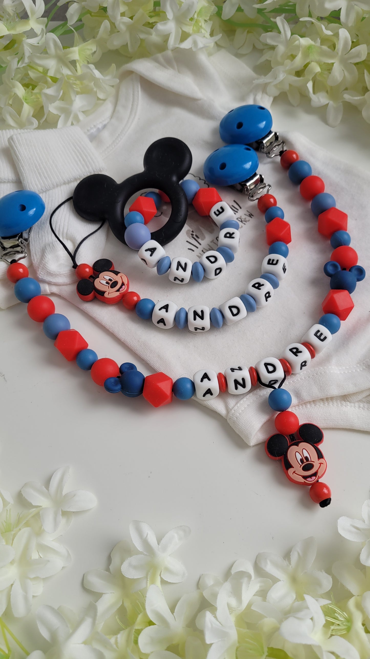 3tlg Set Schnullerkette Kinderwagenkette Greifling Mickey Maus blau rot