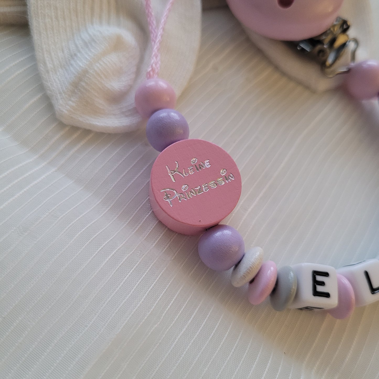 Schnullerkette mit Namen für Mädchen Herz & Kleine Prinzessin rosa weiß grau flieder