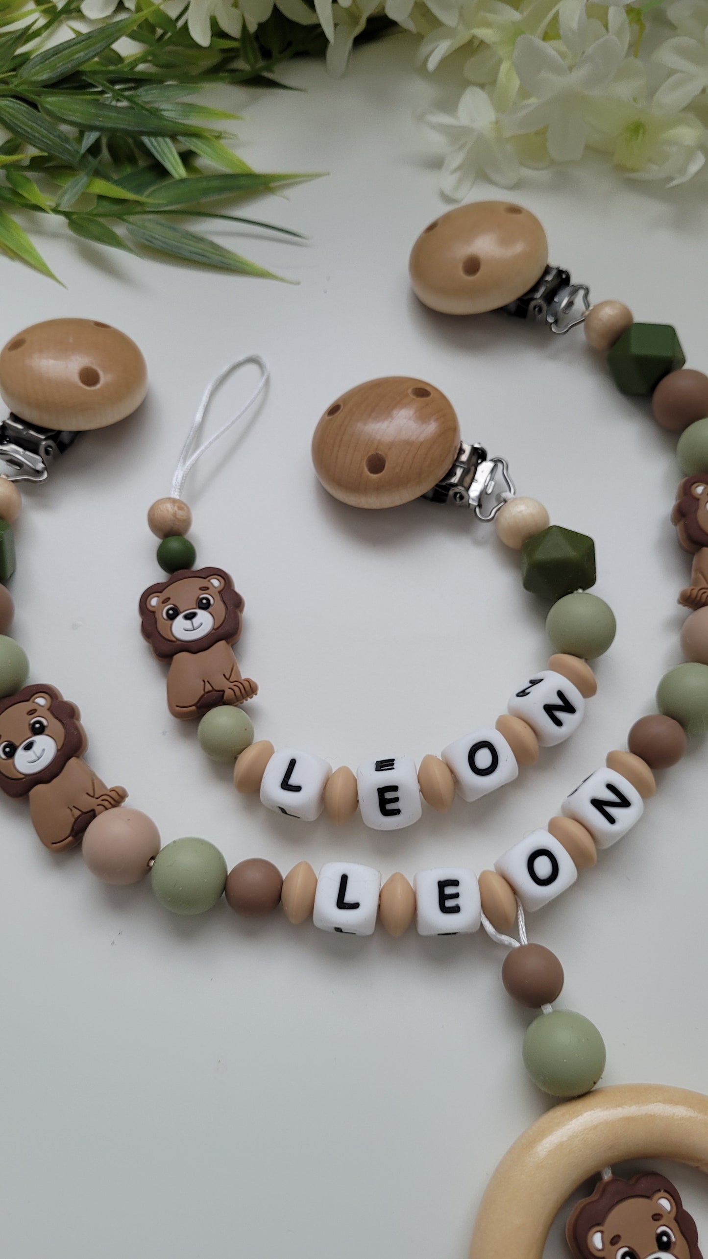 Kinderwagenkette & Schnullerkette Set Silikon holz grün Löwe