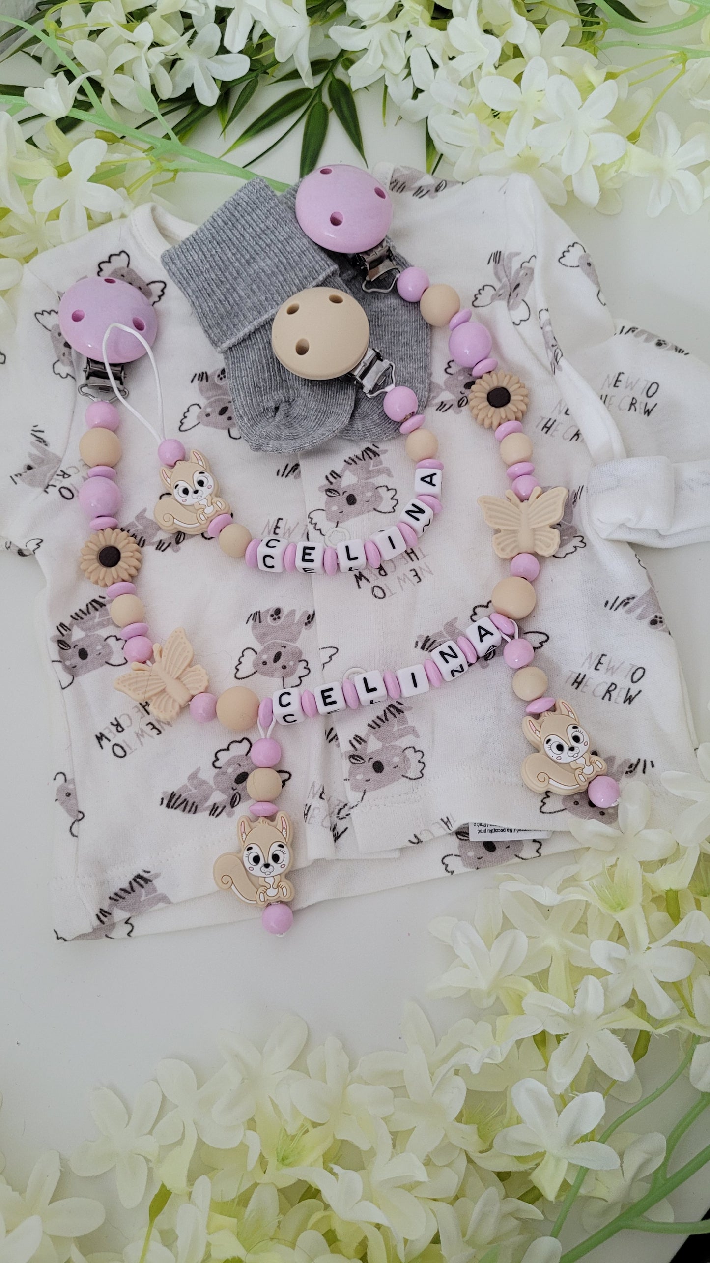 Kinderwagenkette & Schnullerkette *Eichhörnchen* rosa beige