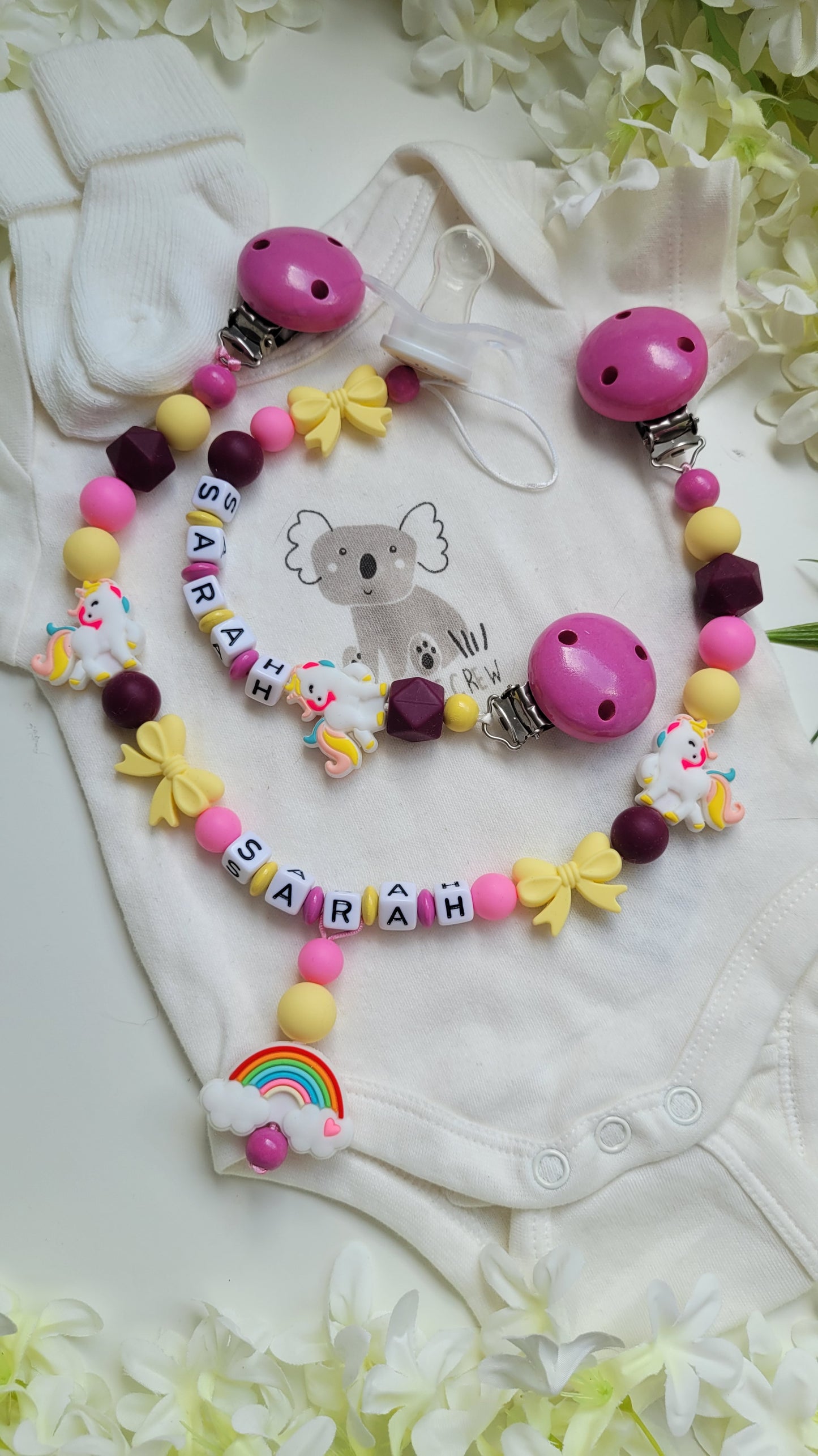Kinderwagenkette & Schnullerkette Einhorn Regenbogen
