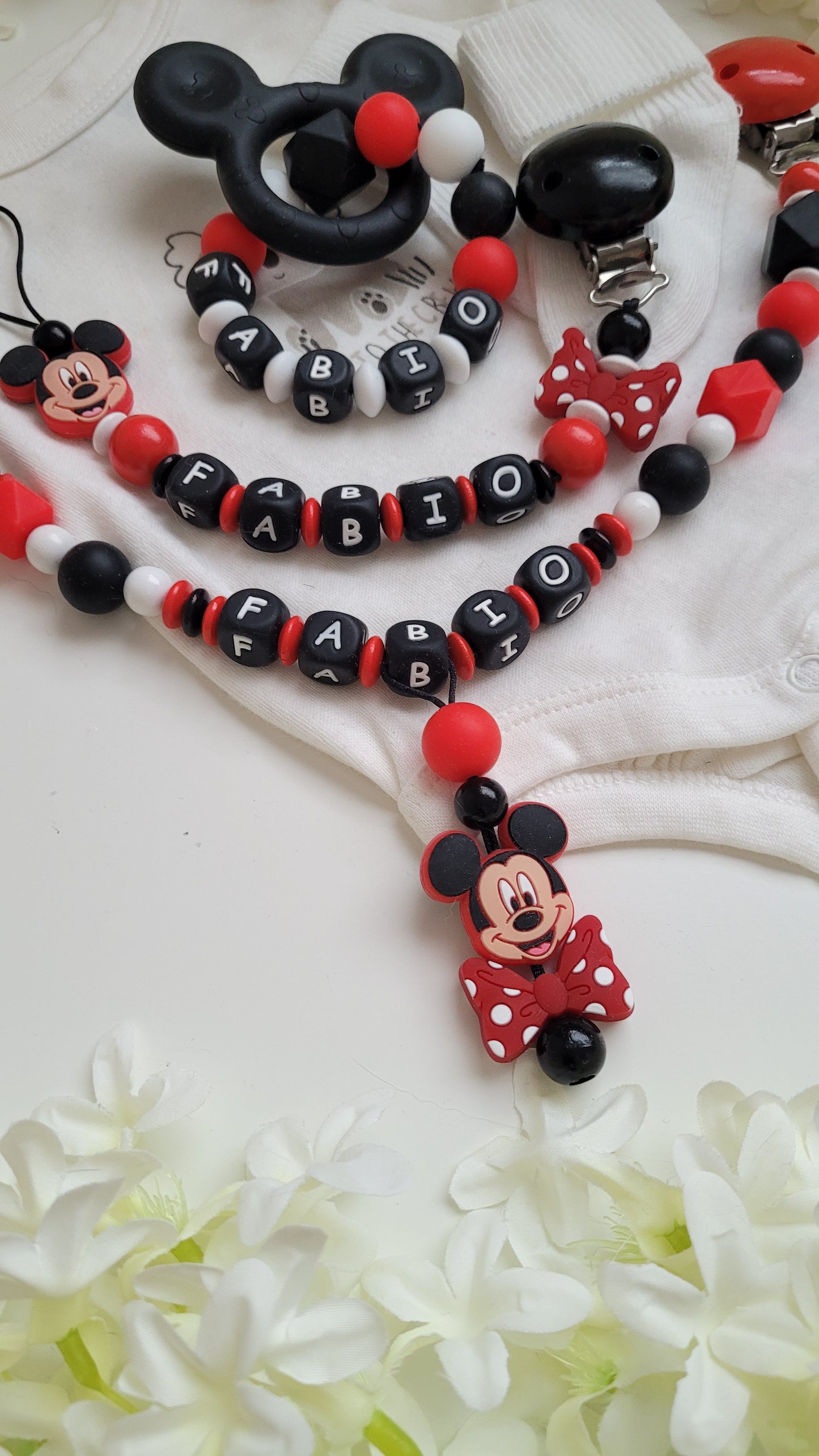 3tlg Set Schnullerkette Kinderwagenkette Greifling Mickey Maus schwarz rot