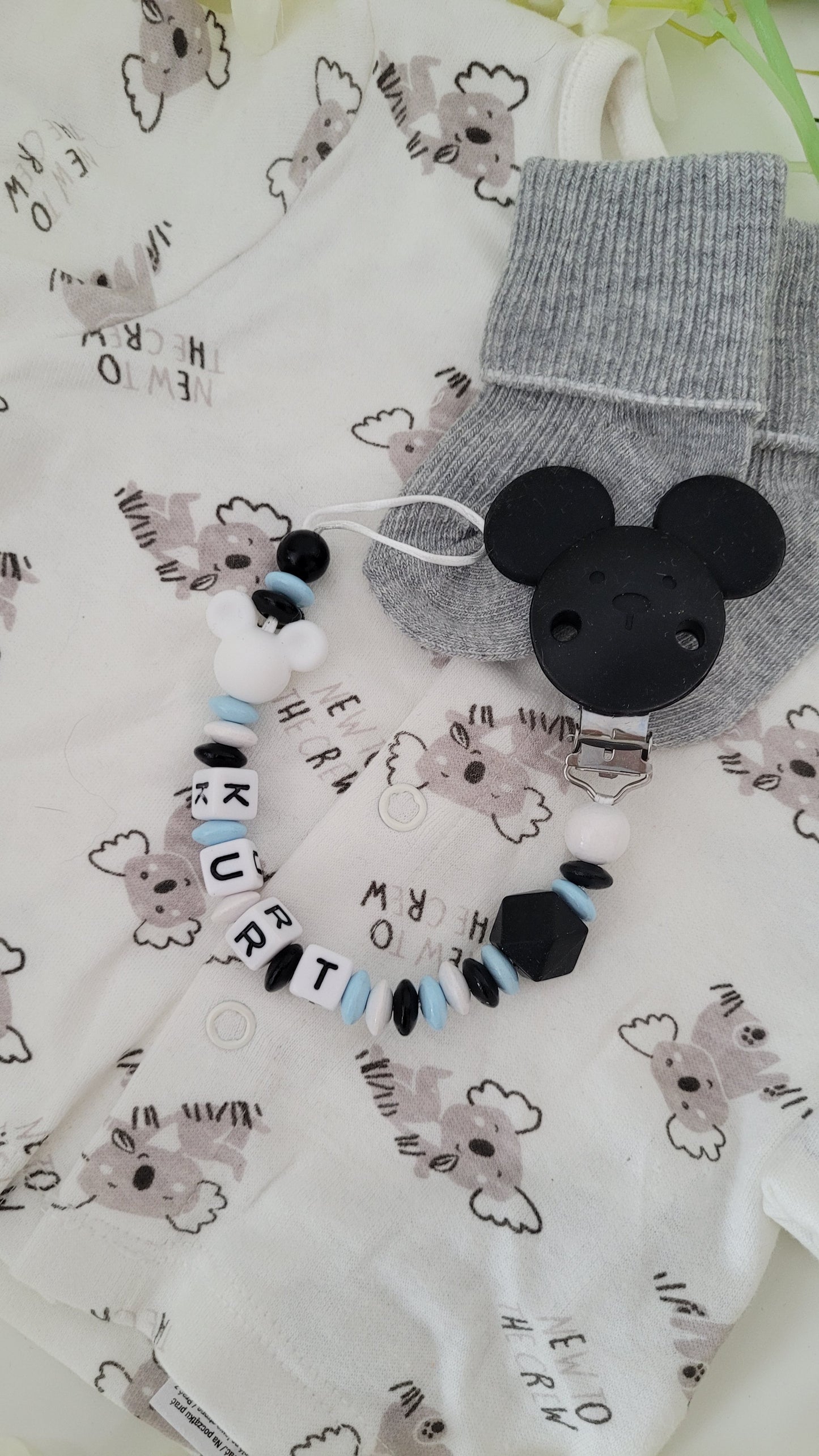 Kinderwagenkette & Schnullerkette * Maus* blau schwarz weiß