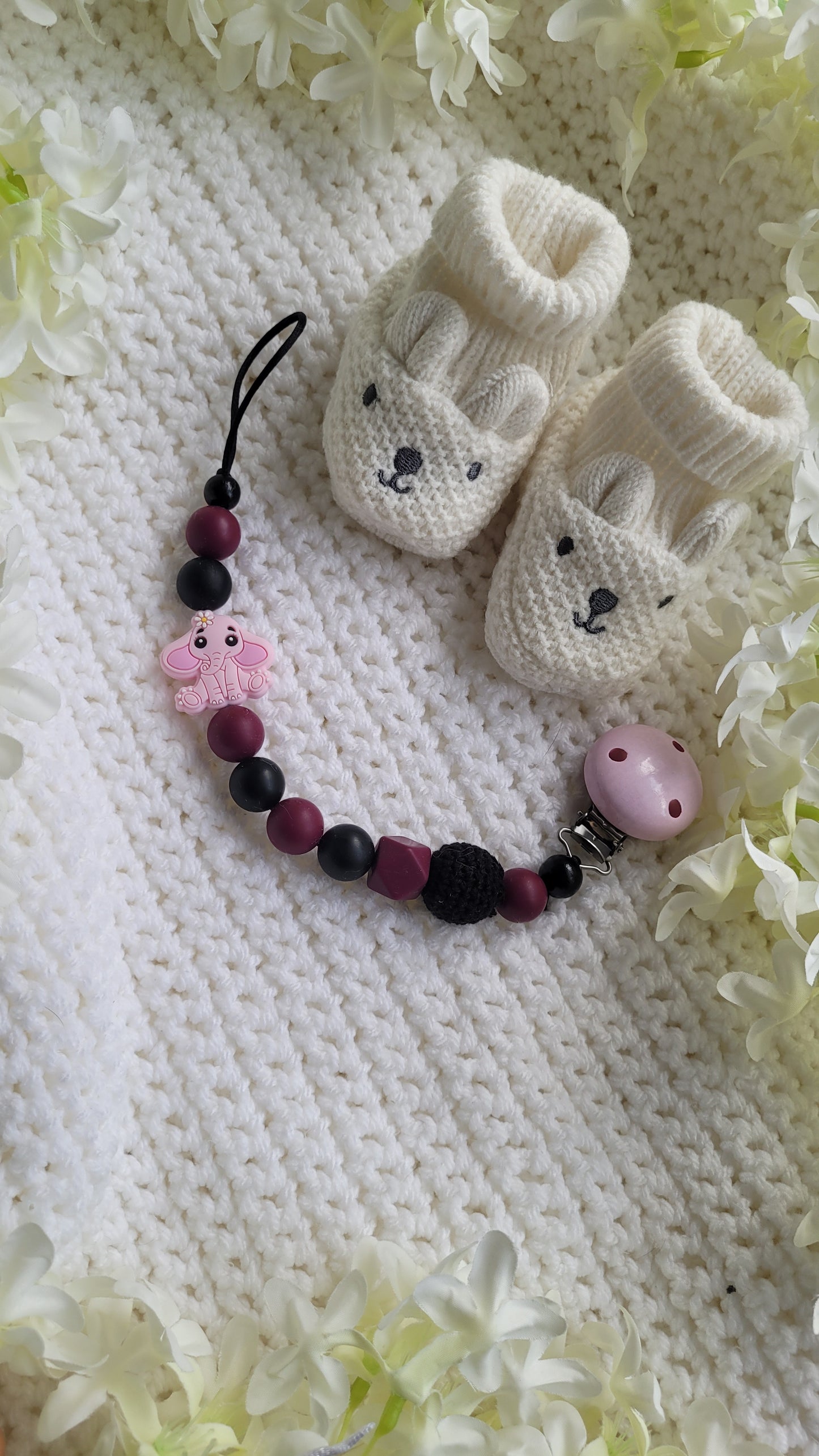 Schnullerkette Elefant bordaux