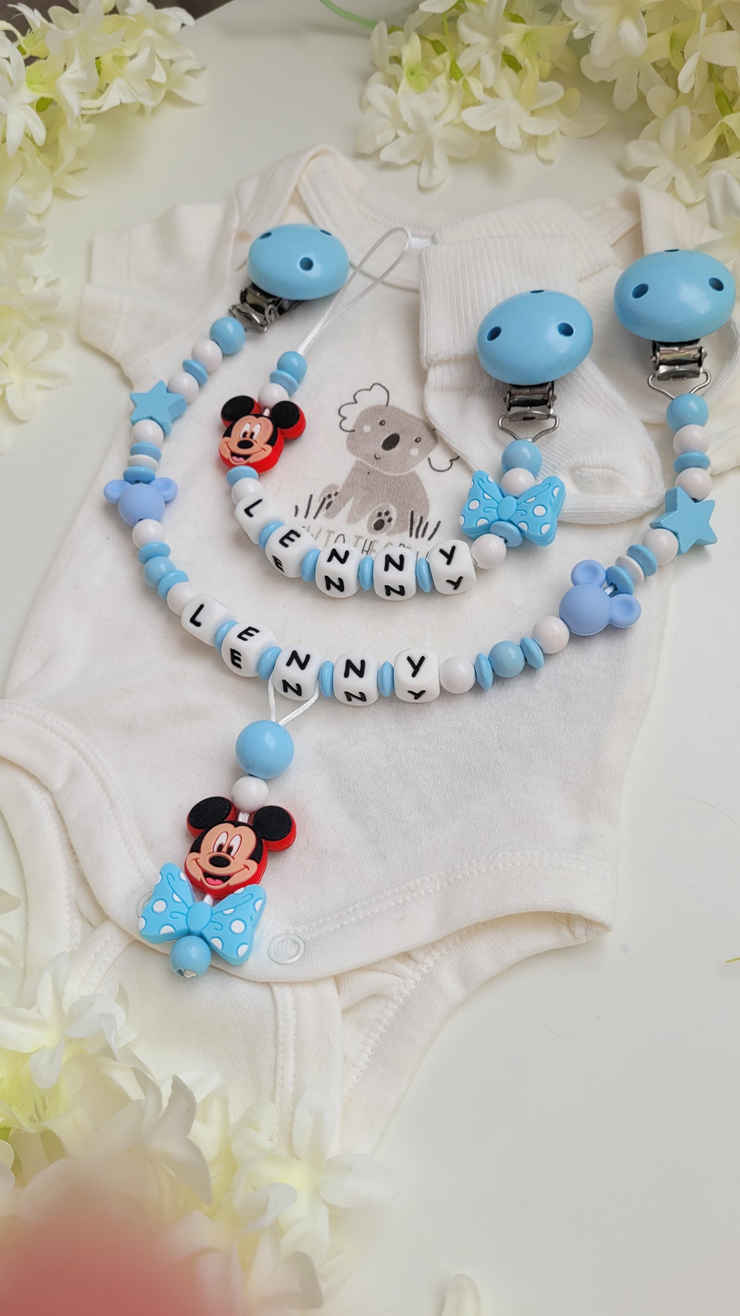 Kinderwagenkette & Schnullerkette mit Namen *Maus* blau