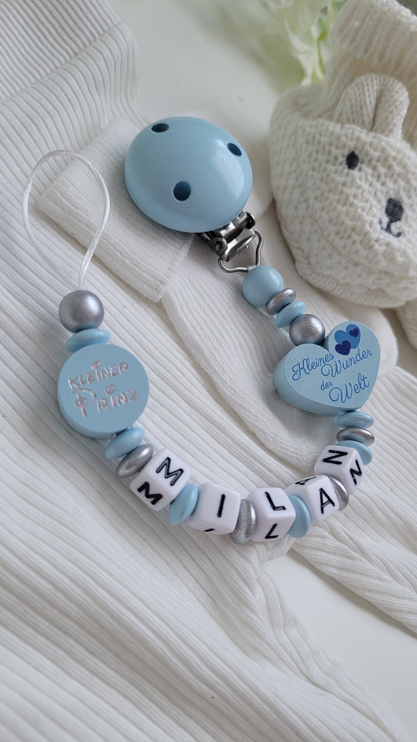 Schnullerkette mit Namen für Jungen Kleines Wunder der Welt & kleiner Prinz silber