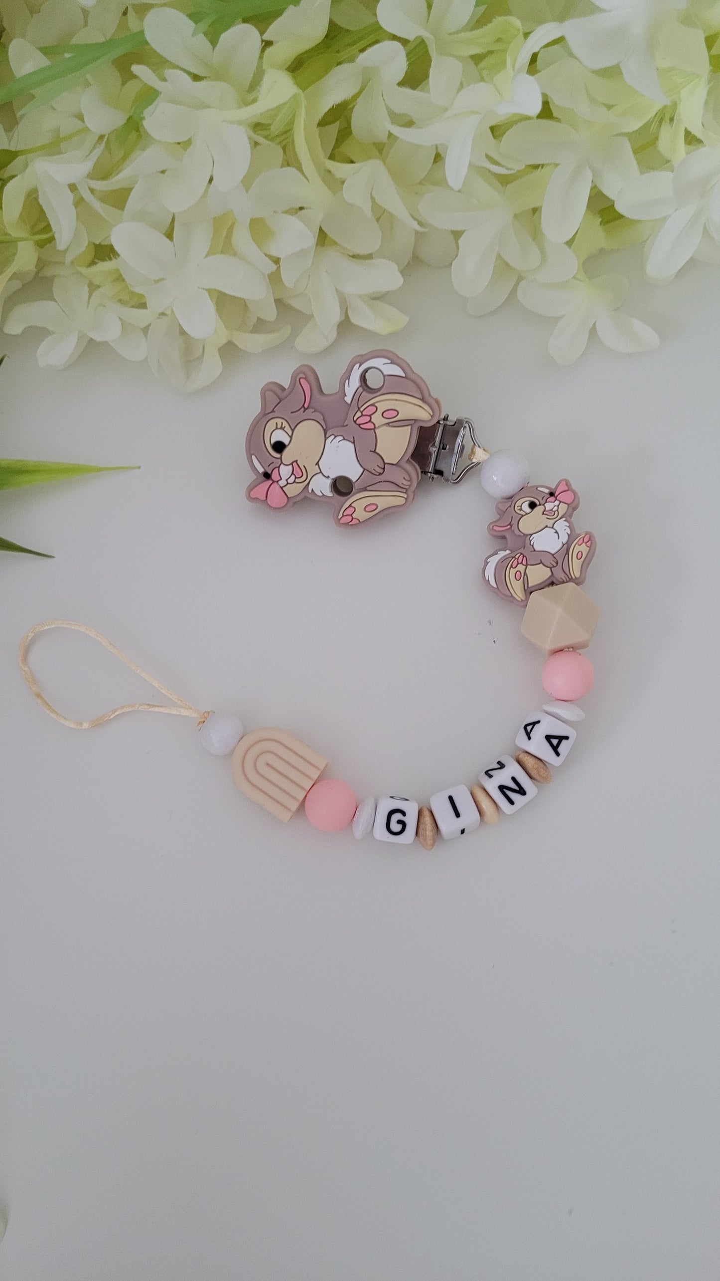 Kinderwagenkette & Schnullerkette *Häschen* peach beige weiss