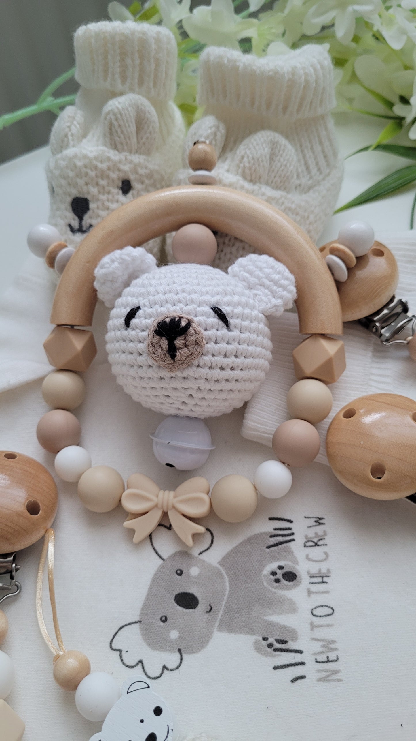 3tlg Set Schnullerkette Kinderwagenkette Greifling Teddy beige weiss