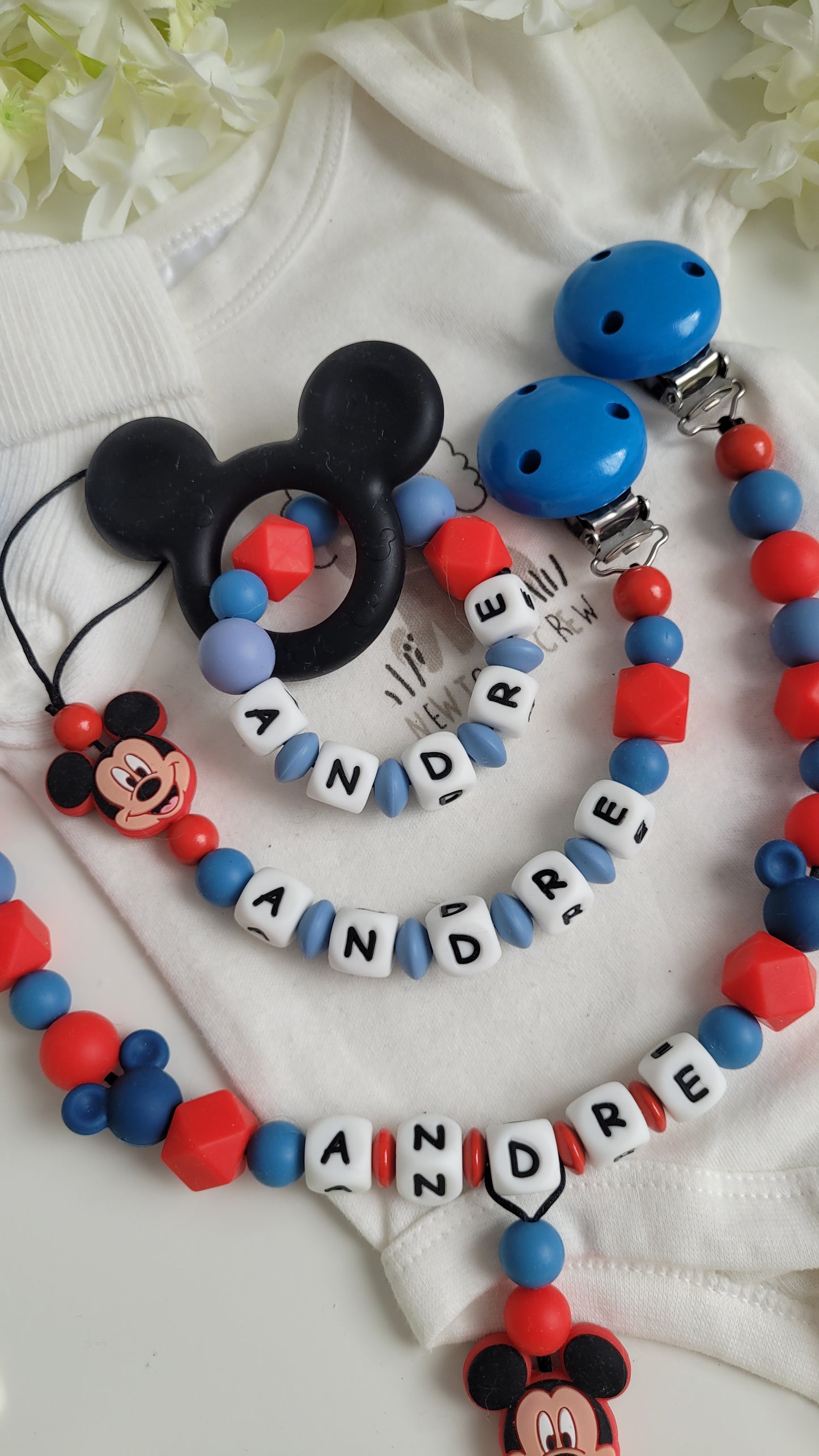 3tlg Set Schnullerkette Kinderwagenkette Greifling Mickey Maus blau rot