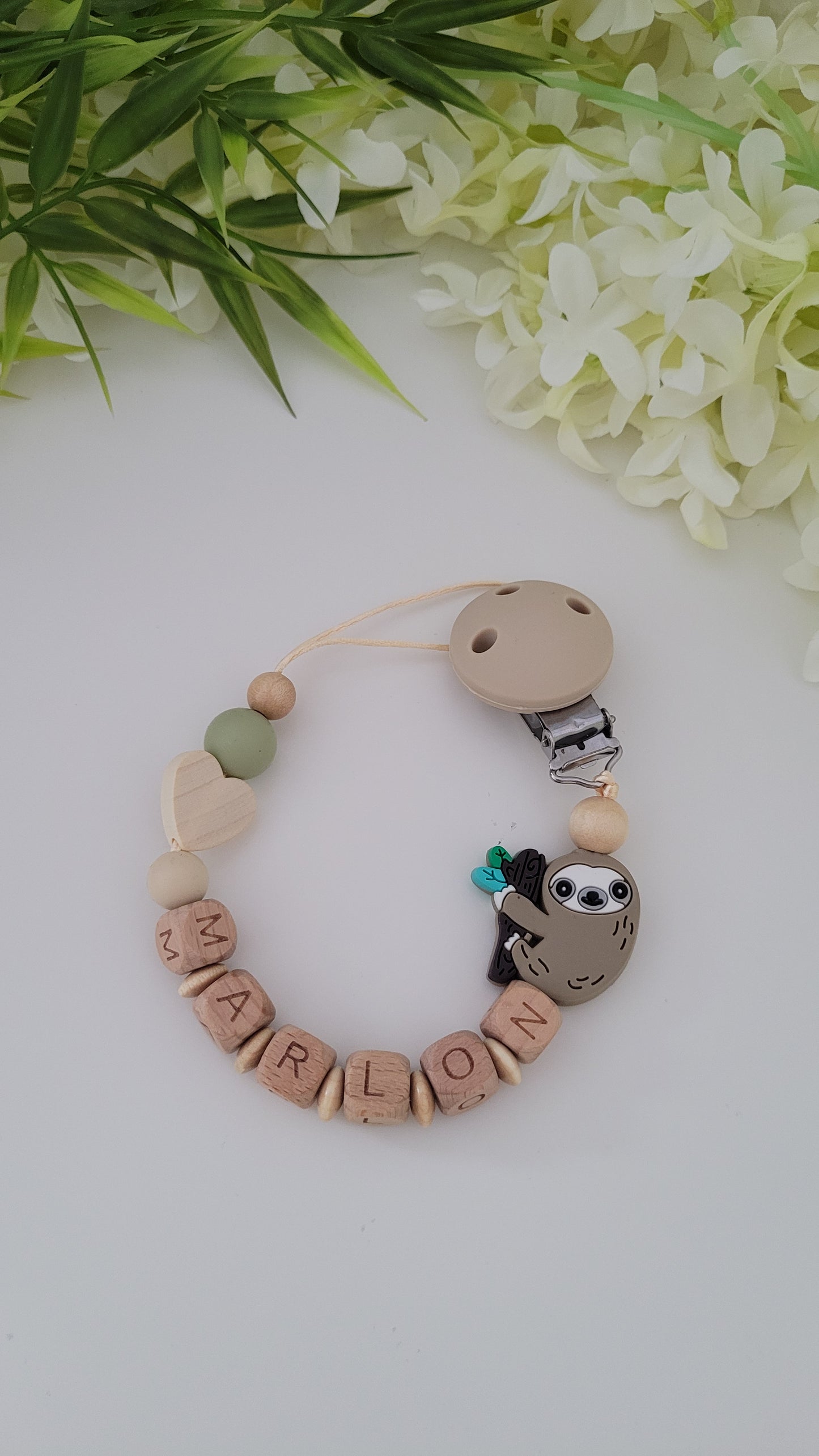 Kinderwagenkette & Schnullerkette *Faultier* grün beige
