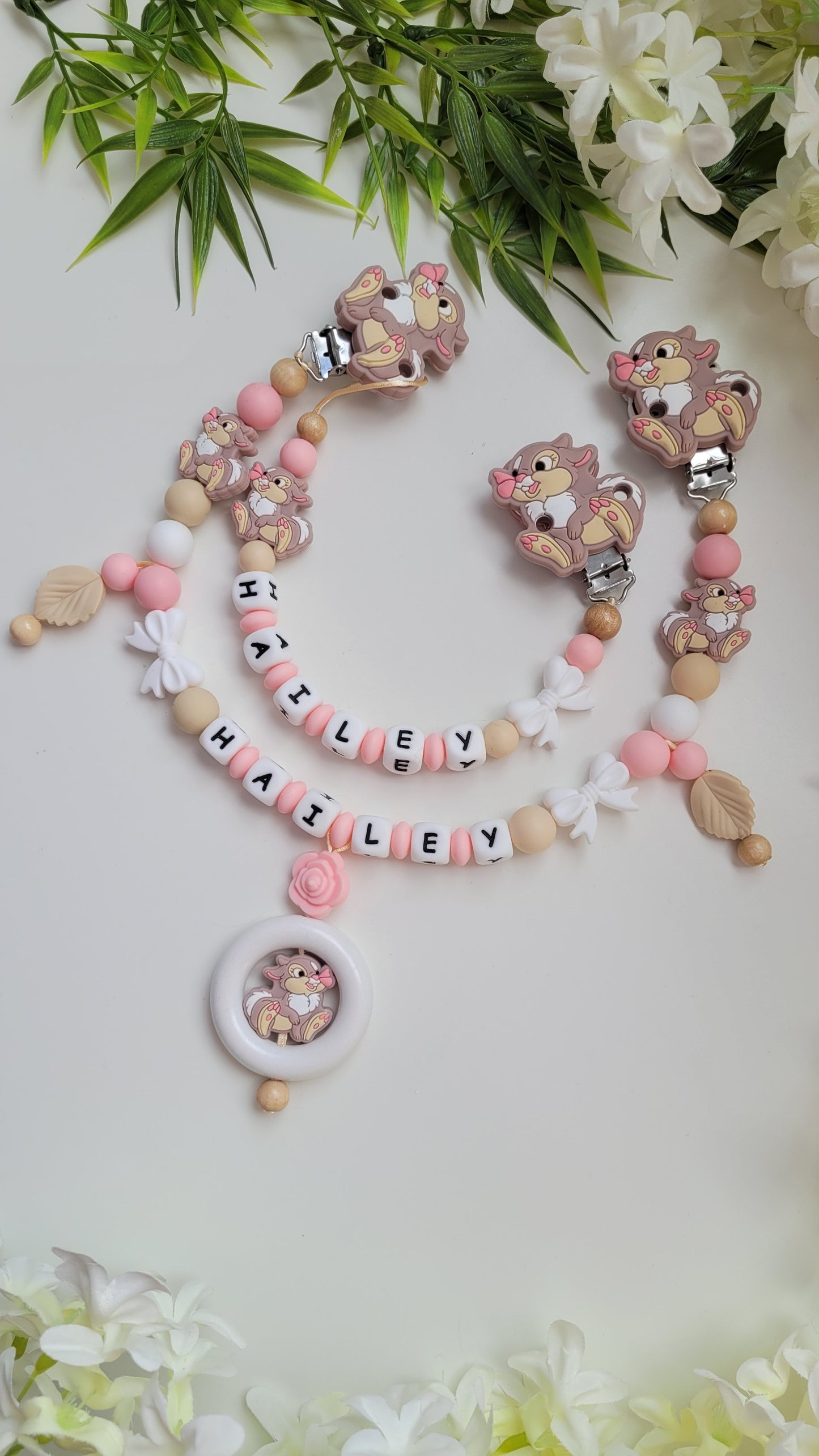 Set personalisiert disney hase Klopfer für Mädchen Silikonperlen apricot beige weiss