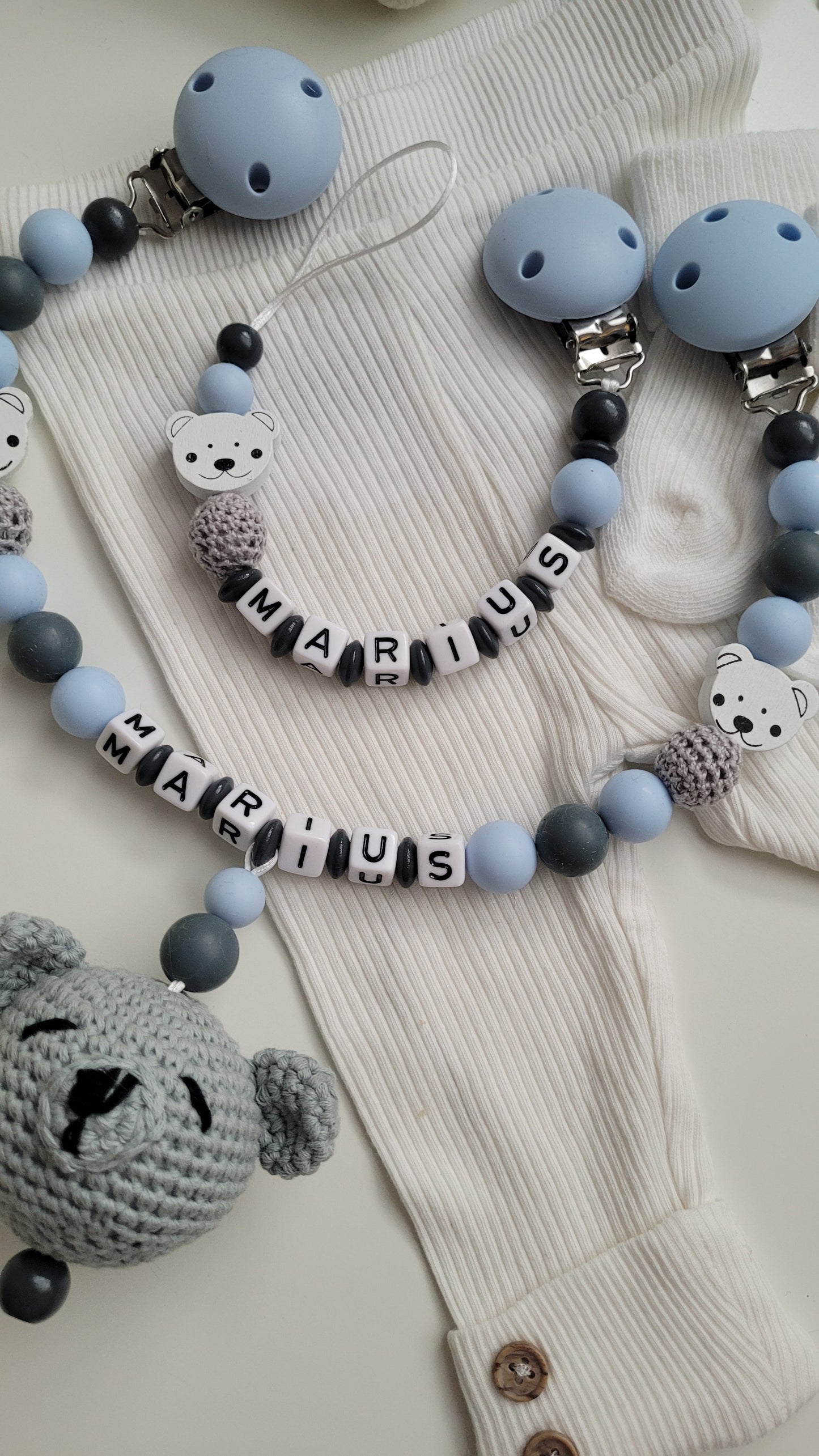 3tlg Set Schnullerkette Kinderwagenkette Greifling Bärchen blau weiss