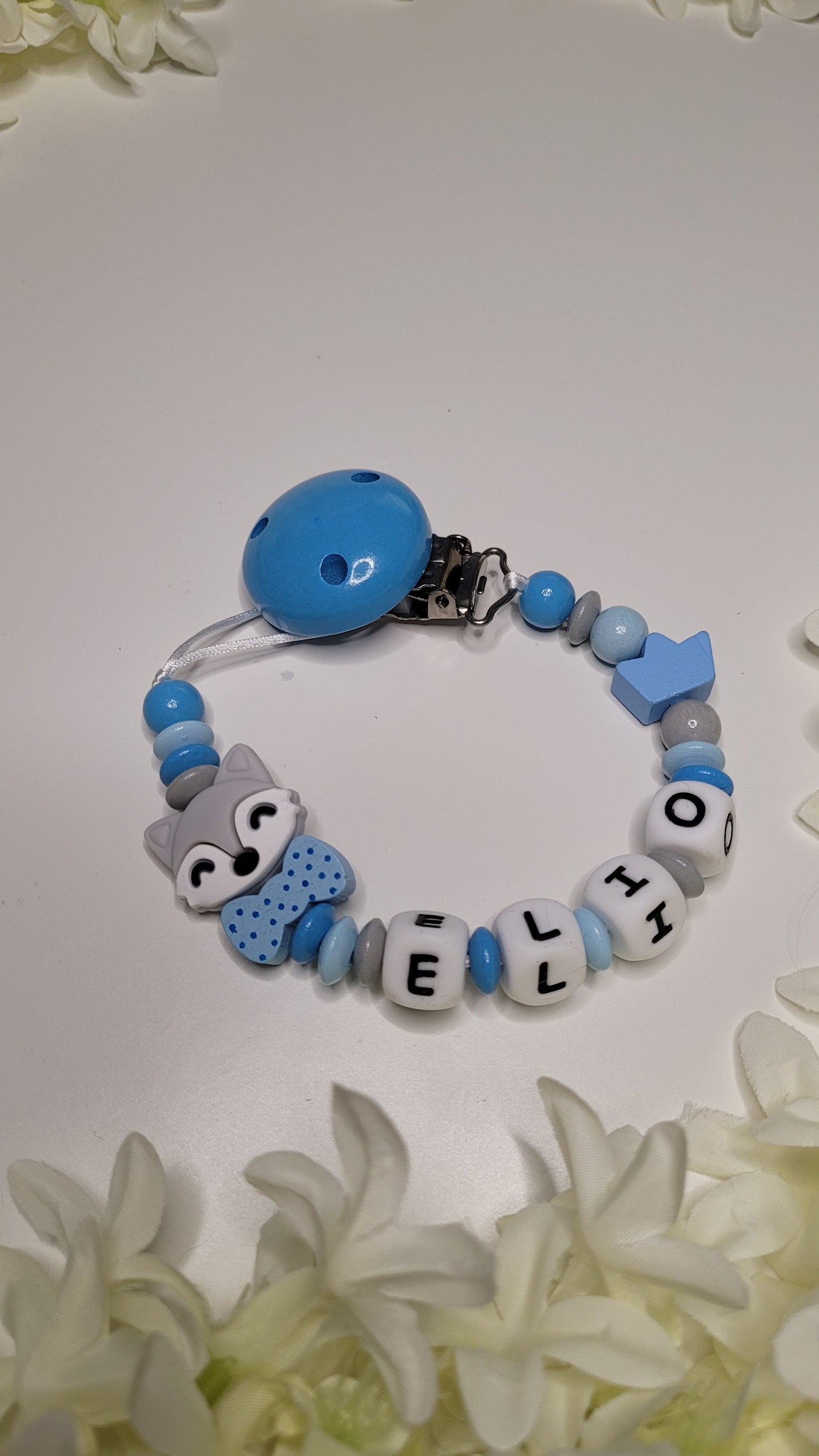 Kinderwagenkette & Schnullerkette Fuchs personalisiert blau grau