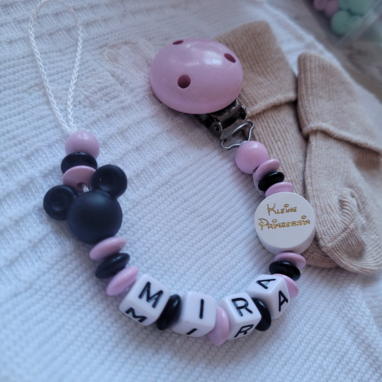 Schnullerkette mit Namen für Mädchen Maus & Kleine Prinzessin rosa schwarz