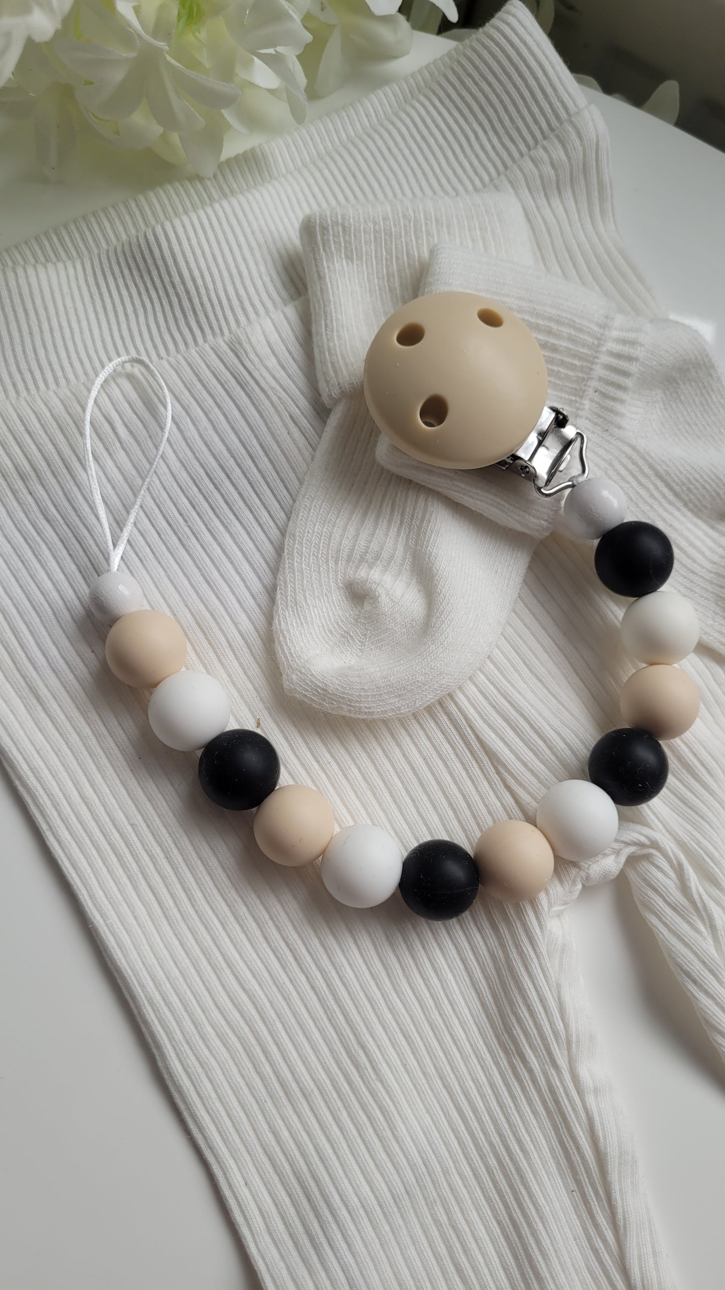 Schnullerkette Silikon schwarz beige